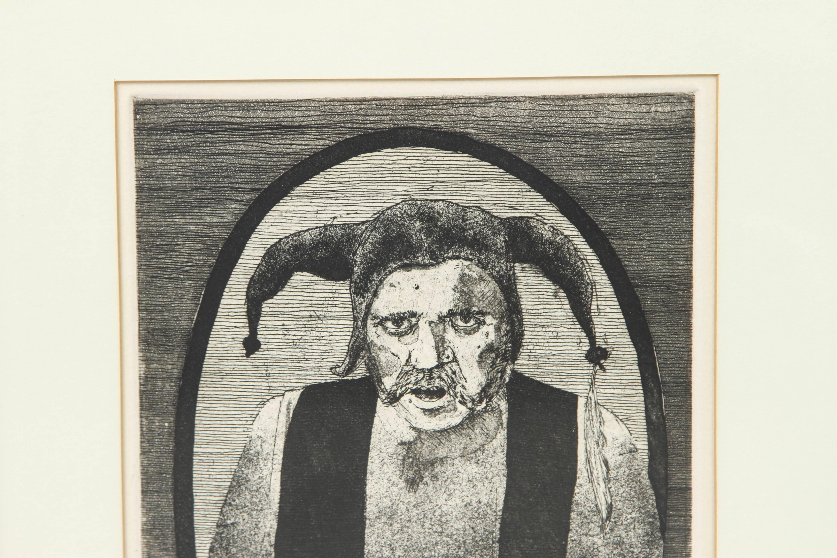 1980 signed etching of tobacco man in original frame. Print 12/100.