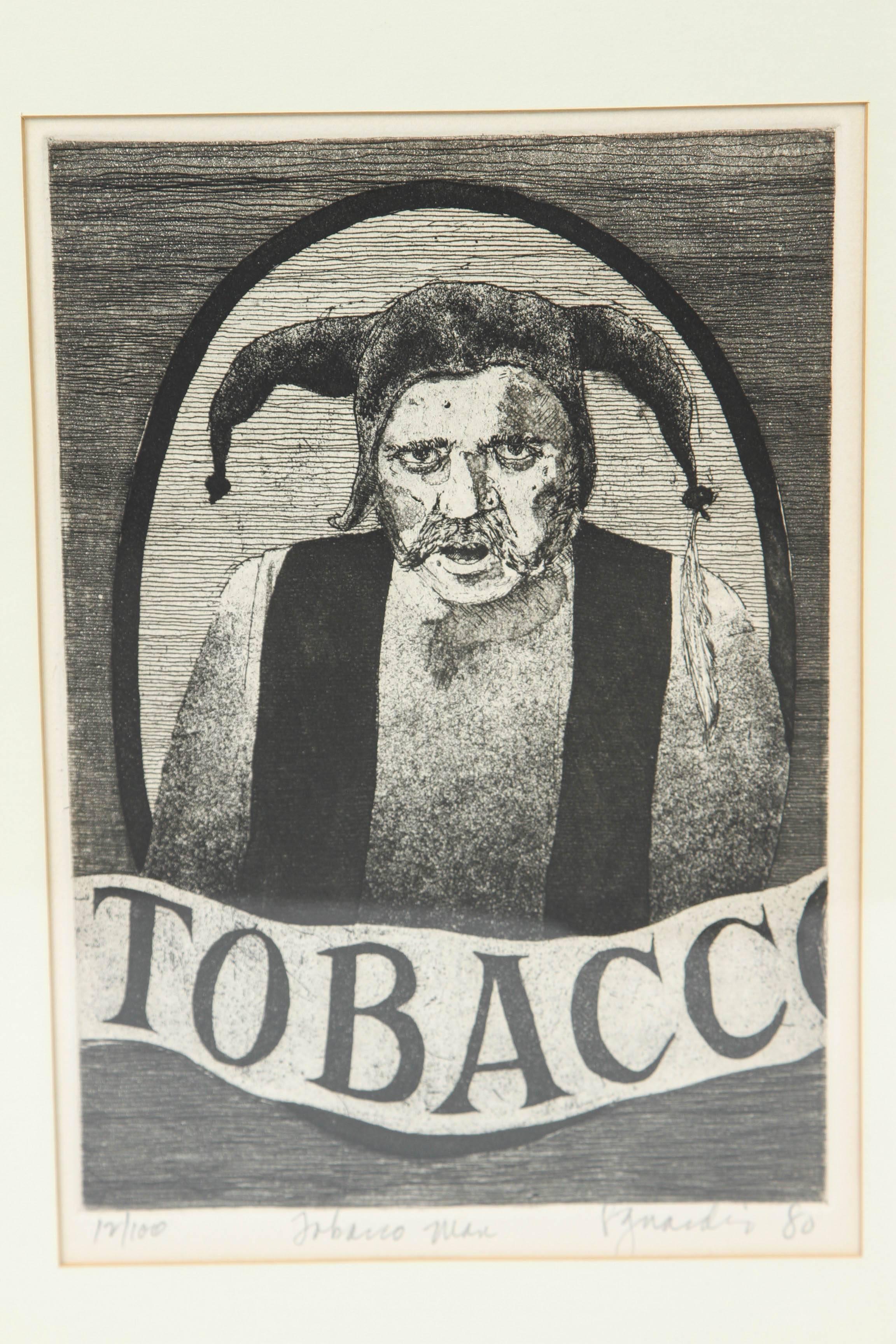 1980 Signed Etching of Tobacco Man in Original Frame In Excellent Condition In Pasadena, CA