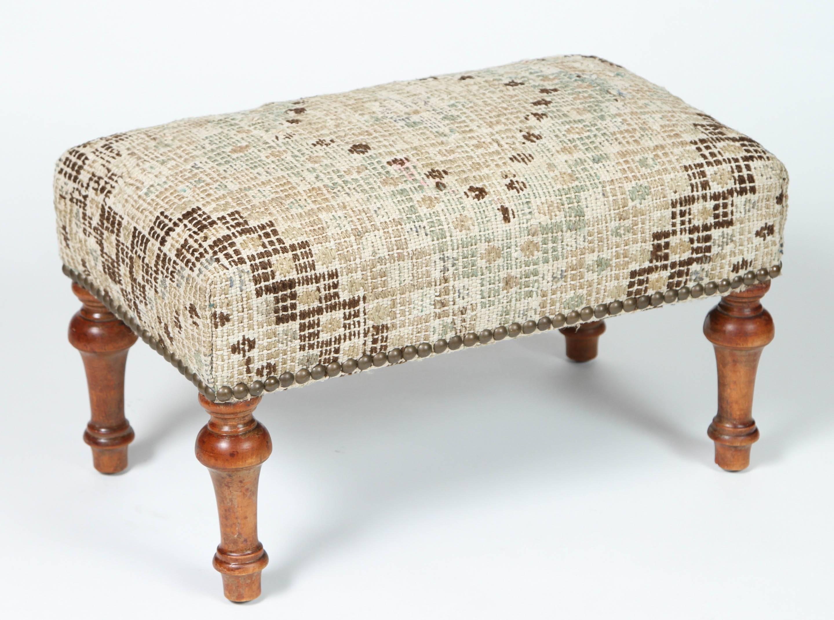 Wool Vintage Footstool Newly Upholstered in Turkish Rug