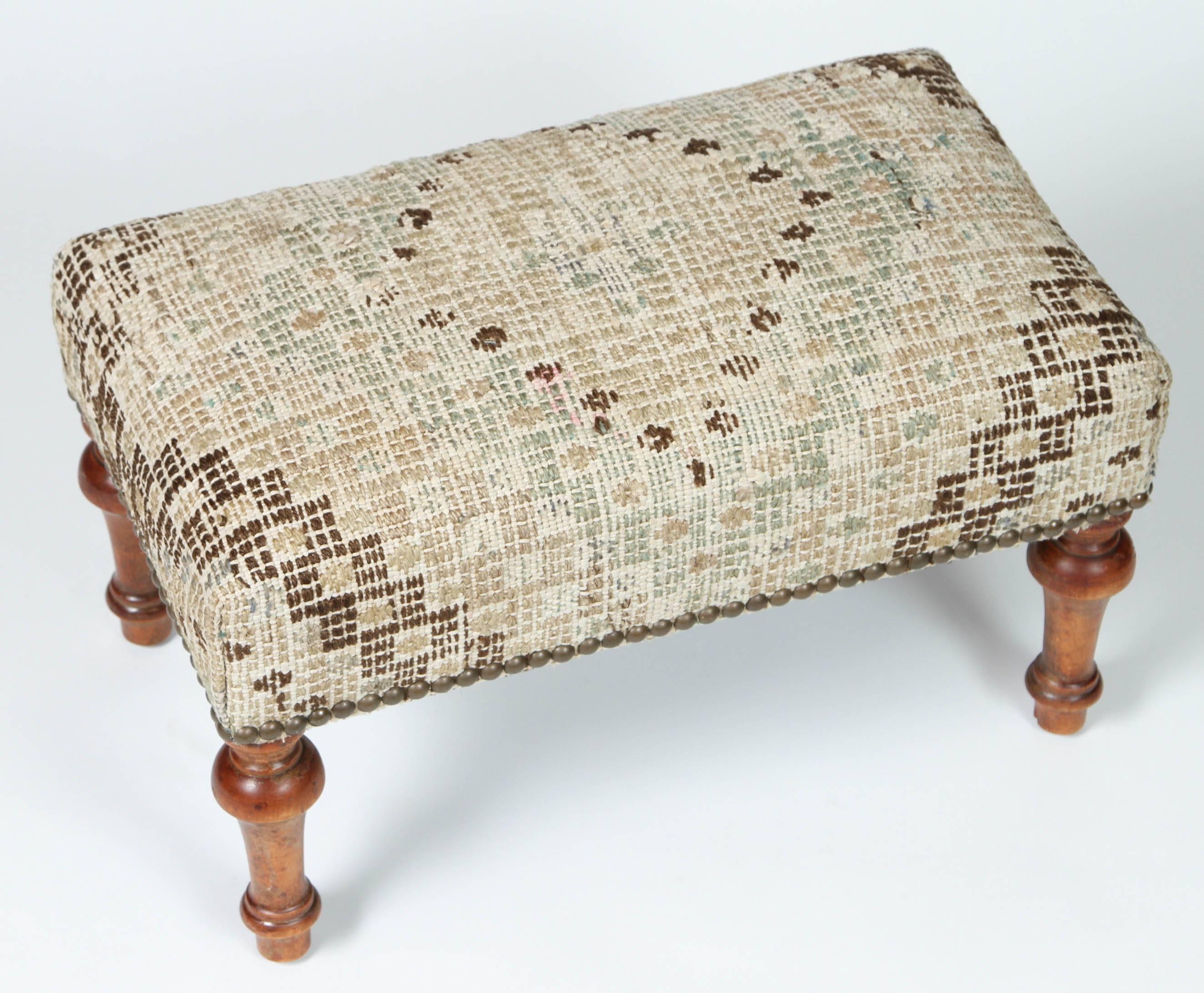 Vintage Footstool Newly Upholstered in Turkish Rug 1