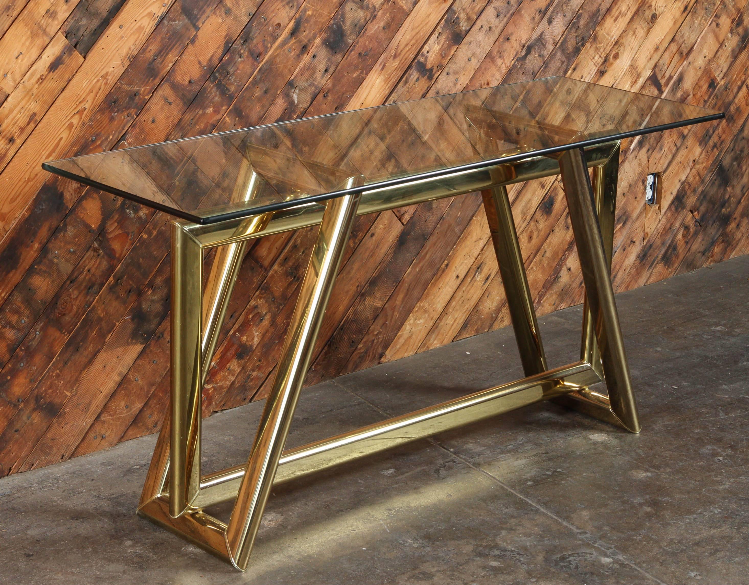 Vintage Sculptural Brass Base Thick Glass Console Table In Good Condition For Sale In santa monica, CA