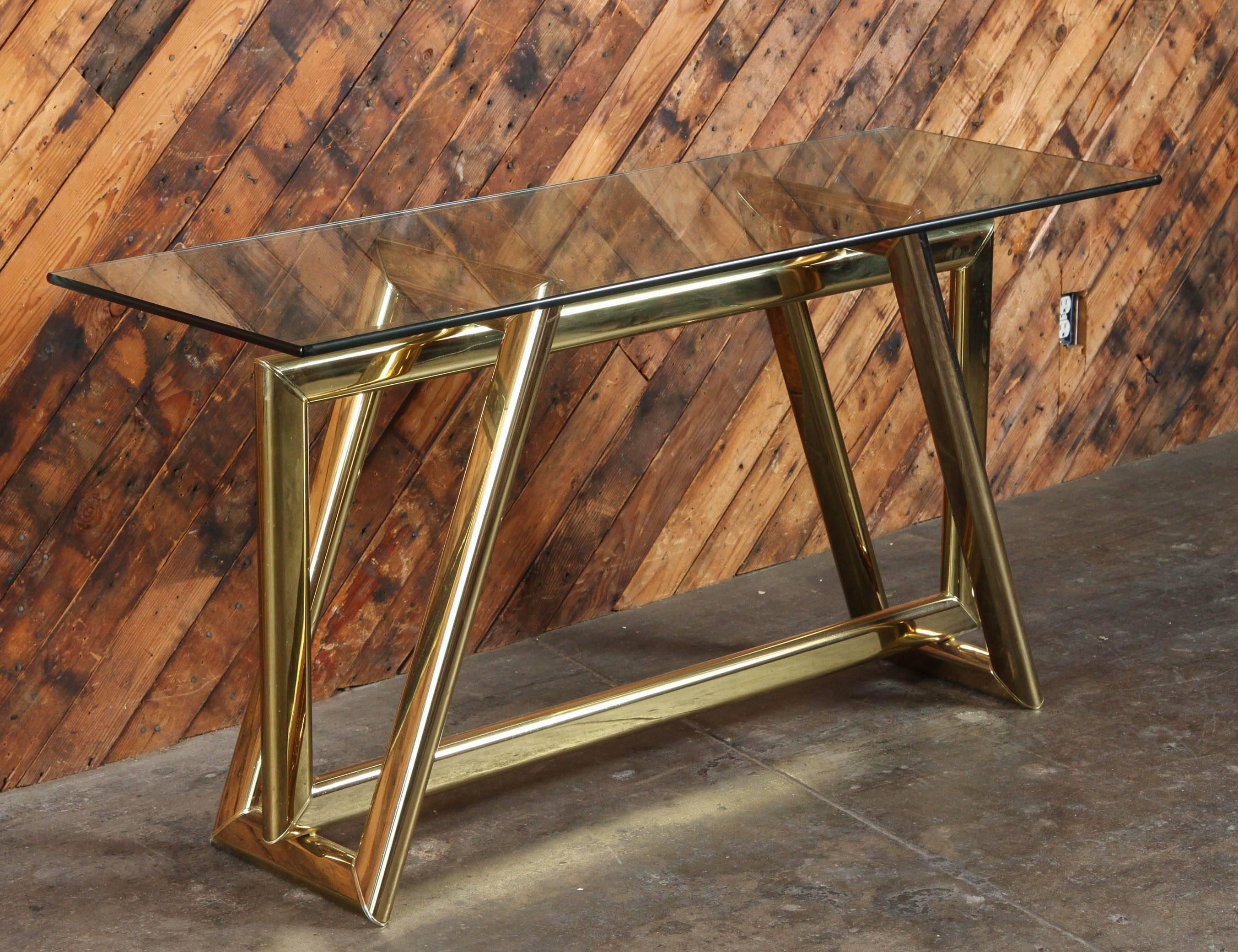 Vintage Sculptural Brass Base Thick Glass Console Table For Sale 1