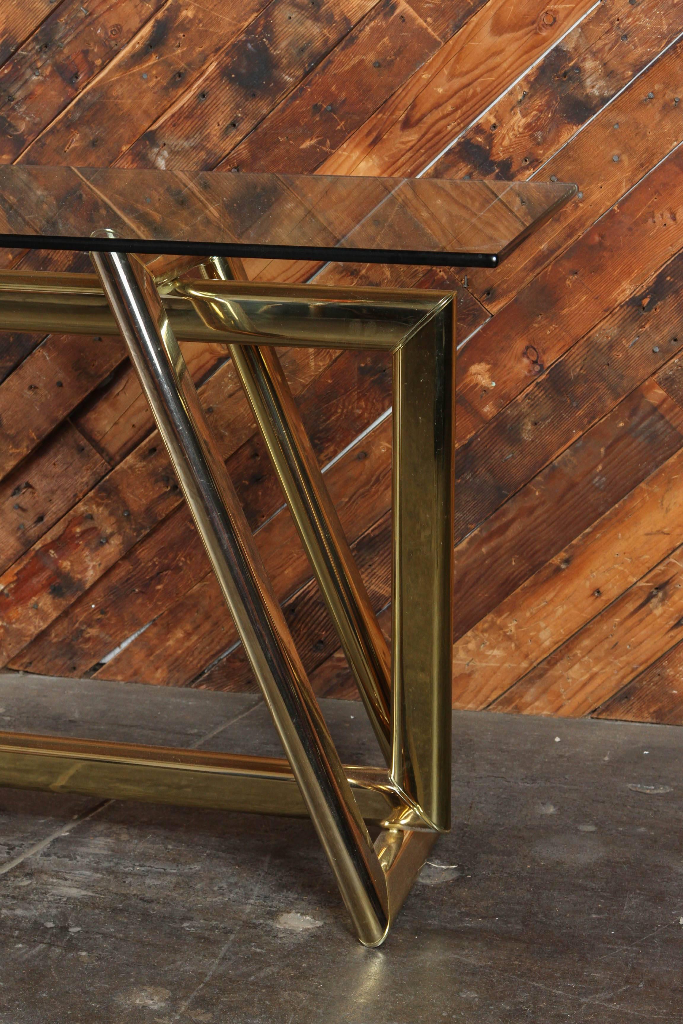 Vintage Sculptural Brass Base Thick Glass Console Table For Sale 2