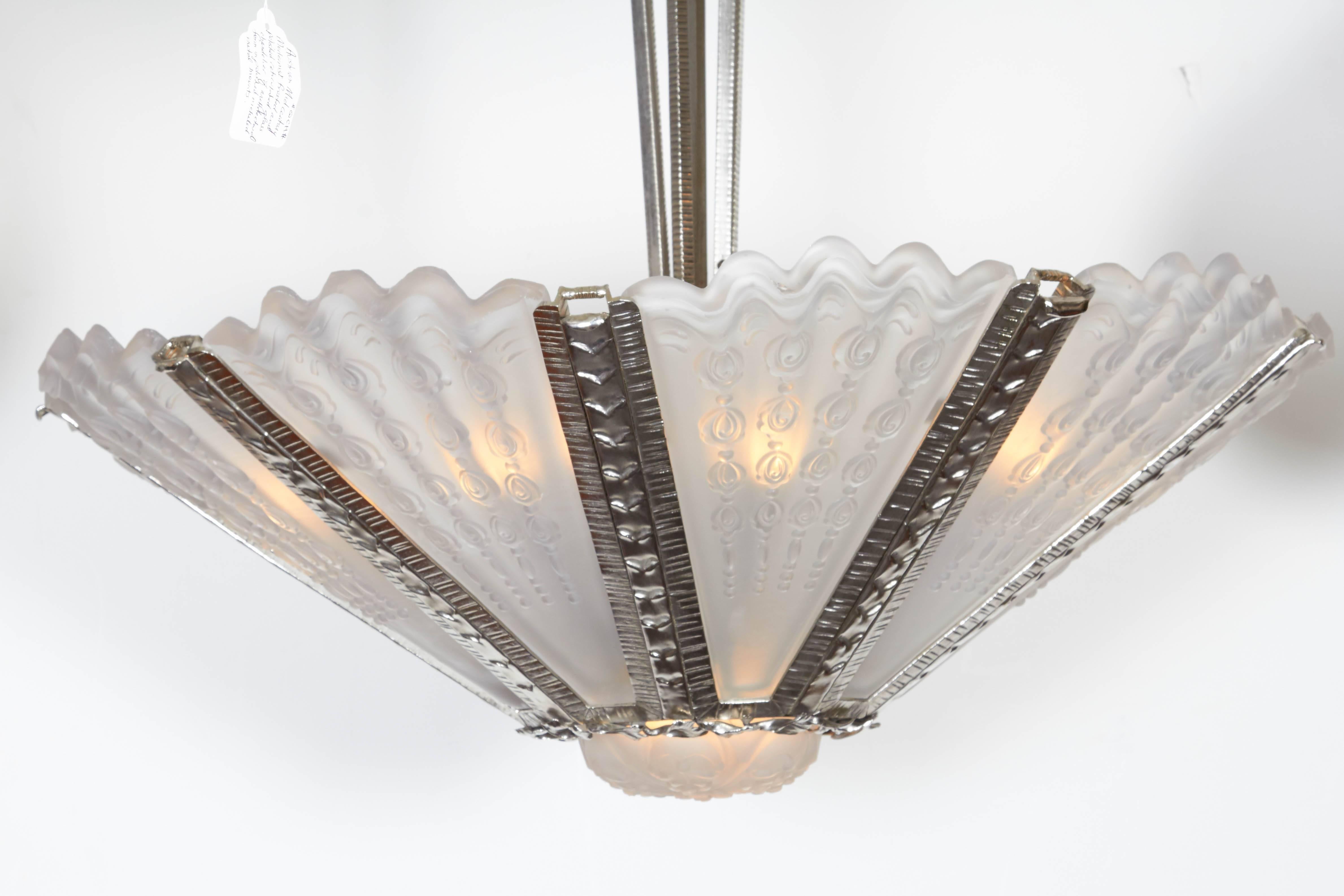 Massive Verrerie Belge Art Deco Frosted Glass Chandelier, Stamped F. Carion For Sale 1