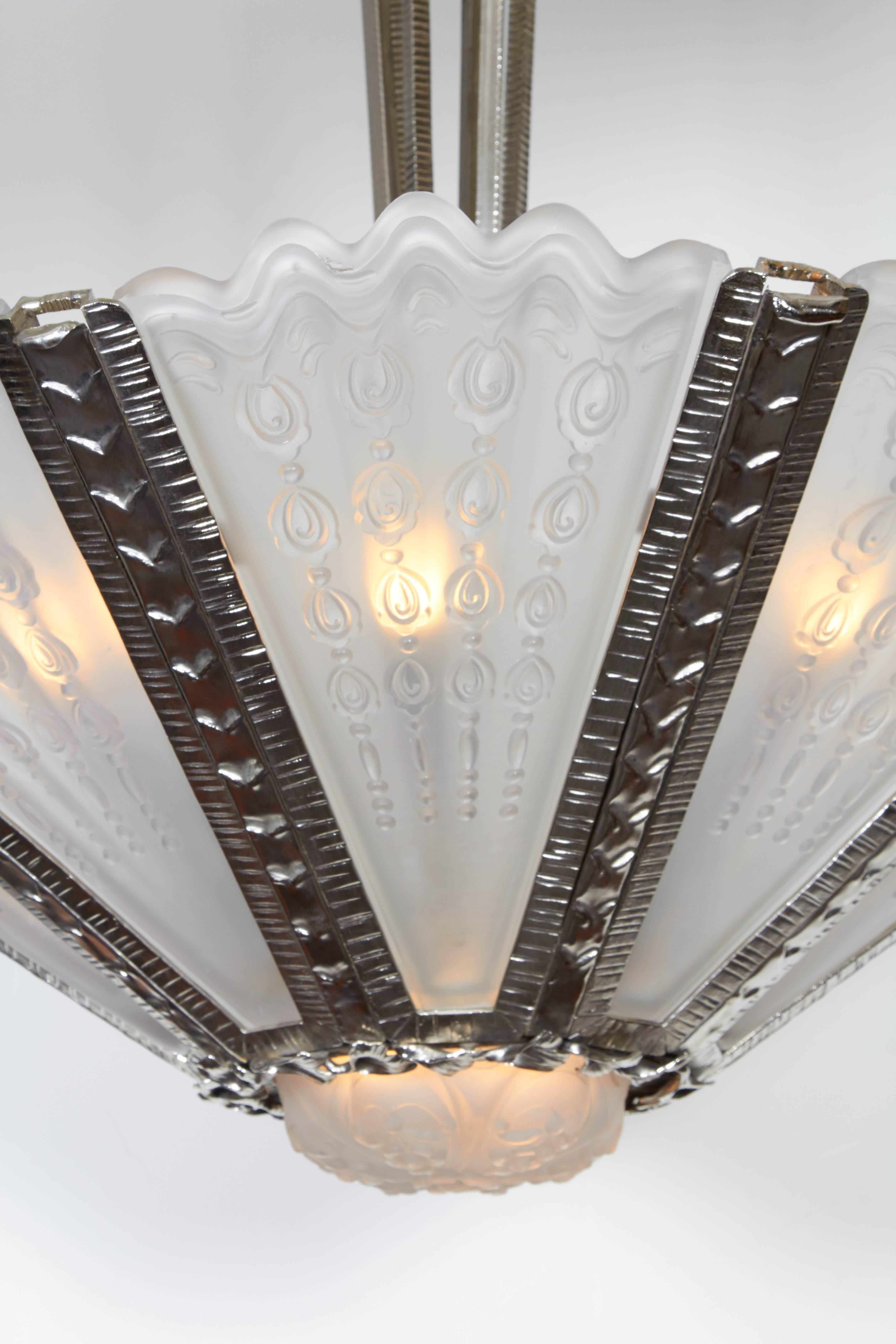 Nickel Massive Verrerie Belge Art Deco Frosted Glass Chandelier, Stamped F. Carion For Sale