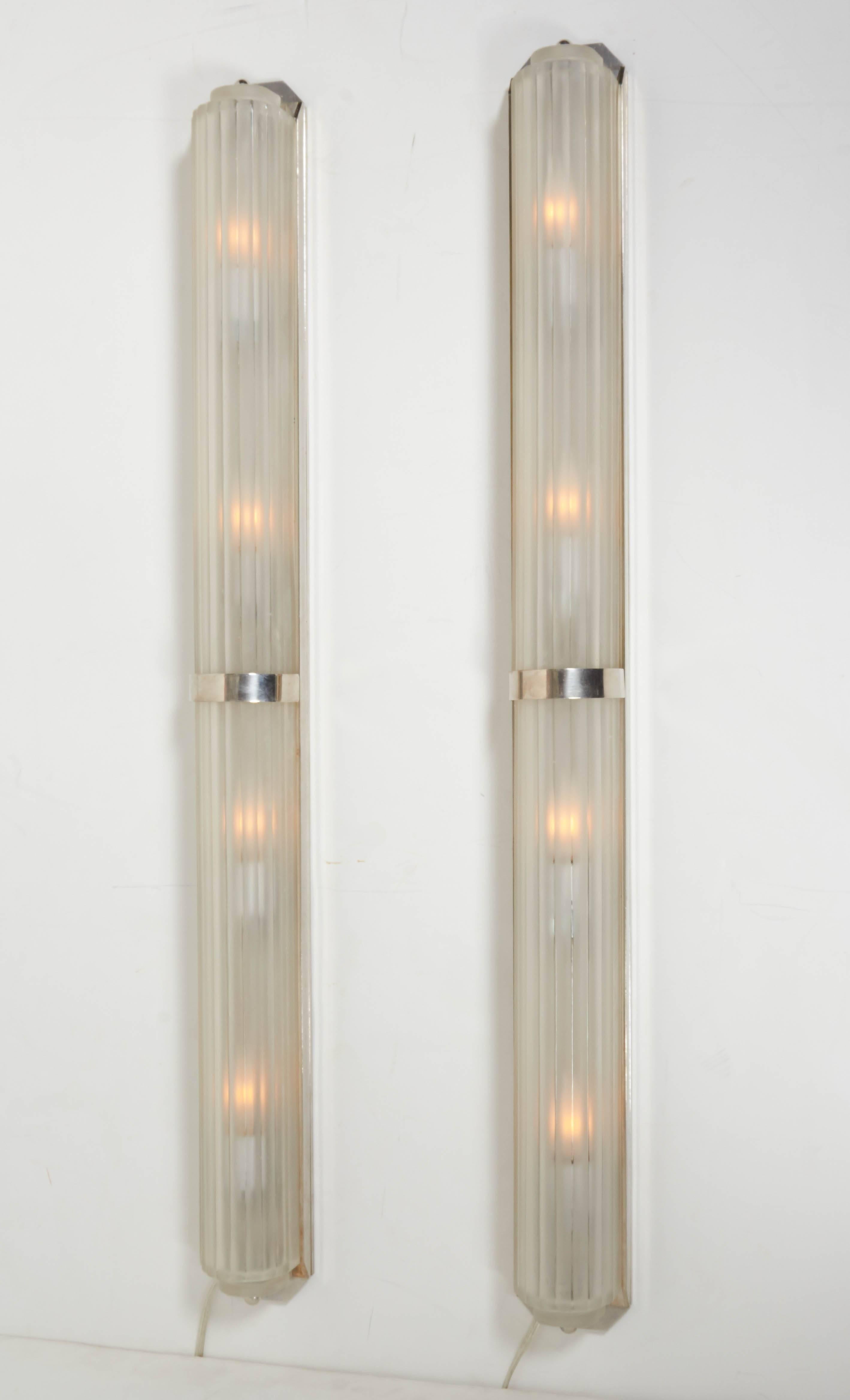 Pair of Long narrow Fluted French Art Deco Sconces, Sabino 1
