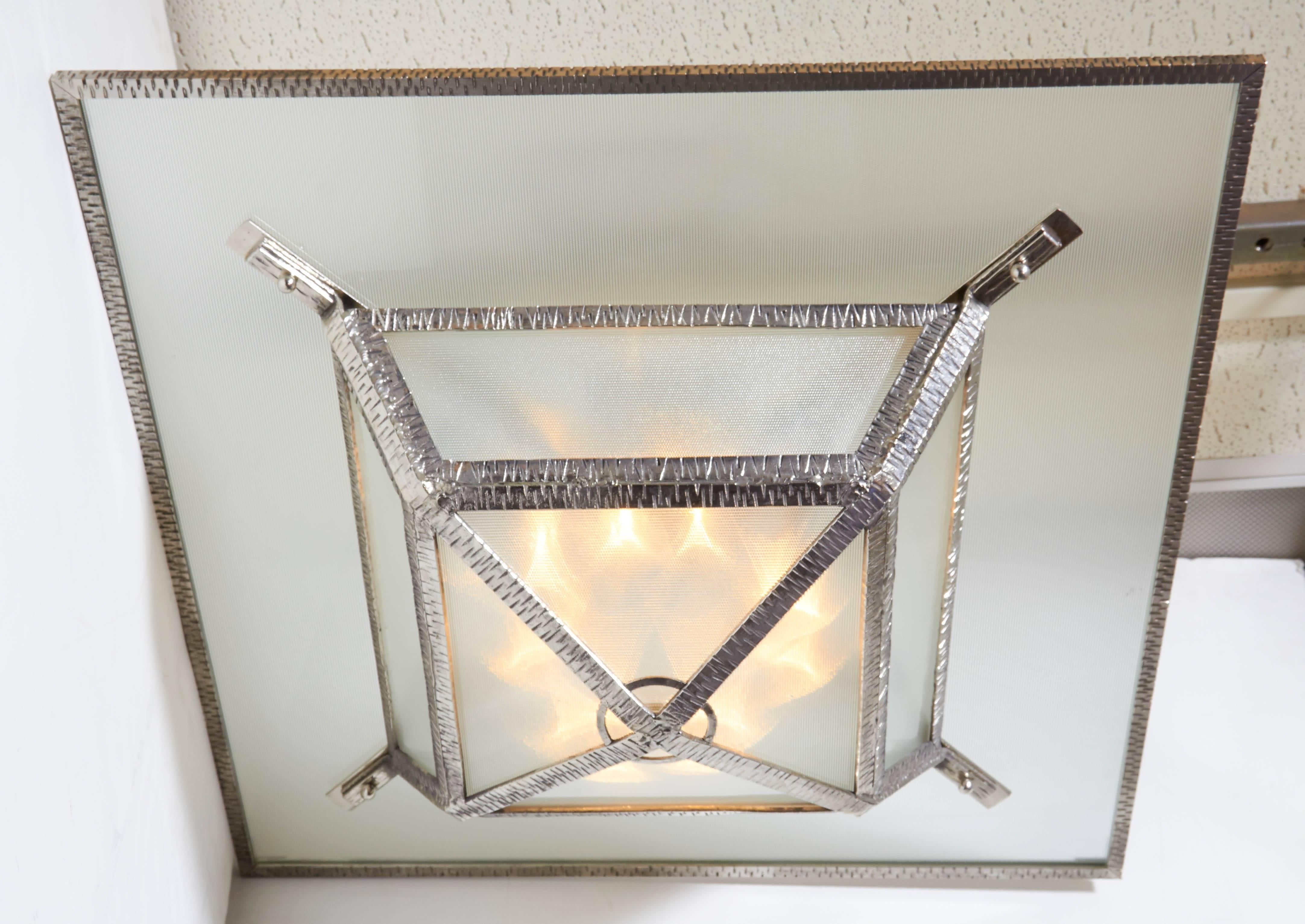 Pair or One Large French Art Deco Hammered Iron and Glass Square Chandelier In Excellent Condition In New York City, NY