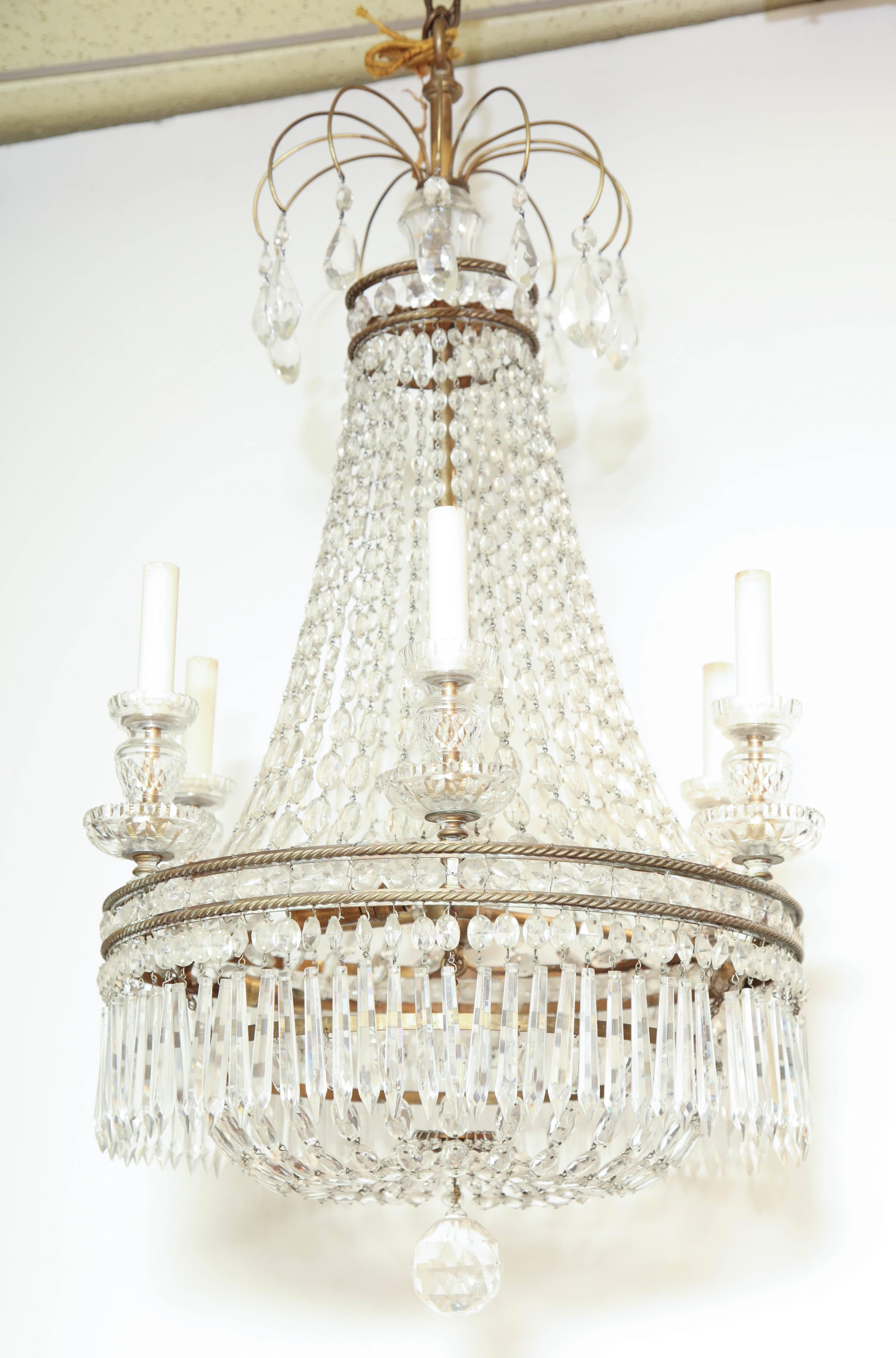 19th Century French Crystal and Bronze Six-Light Chandelier