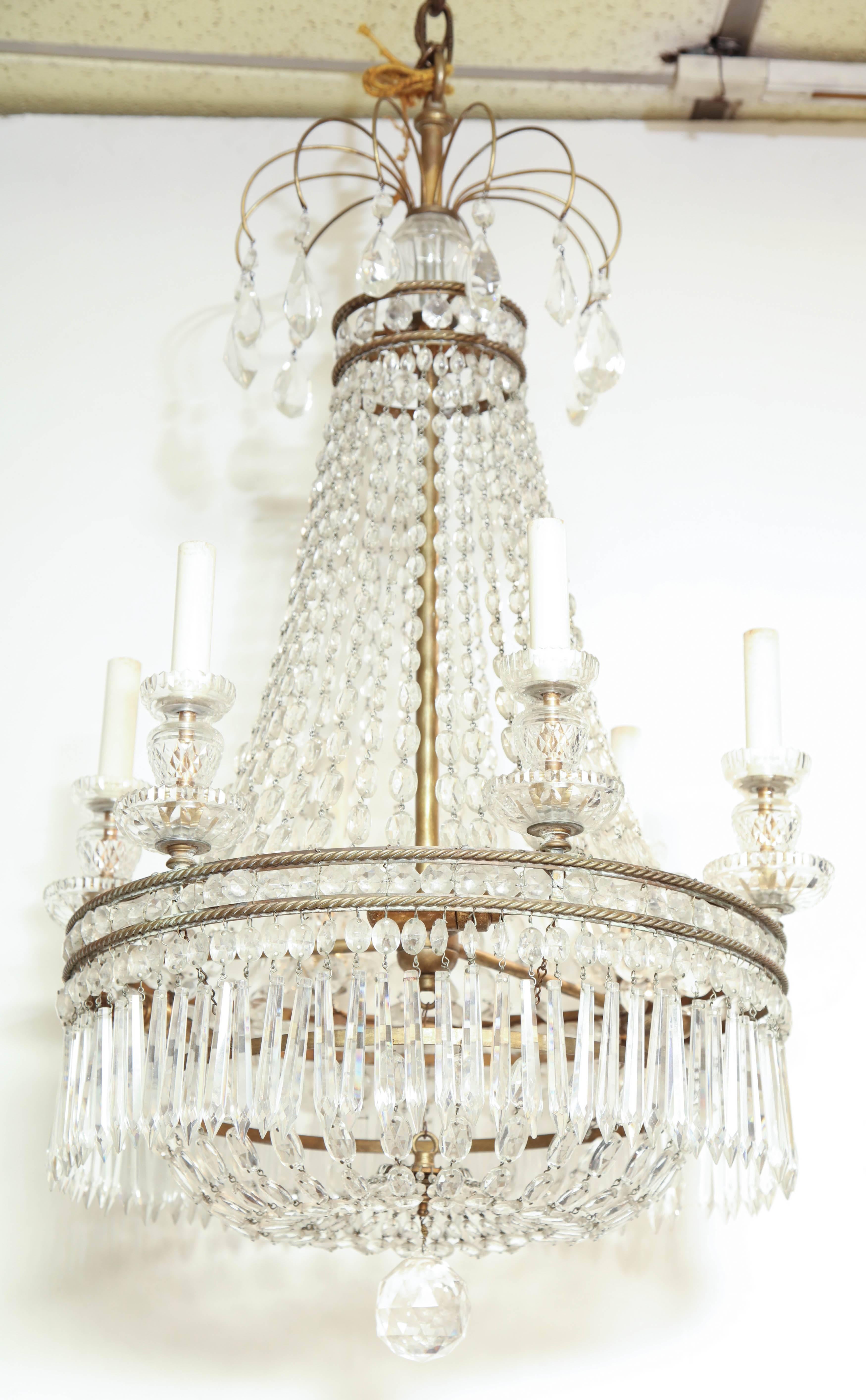 French Crystal and Bronze Six-Light Chandelier 1