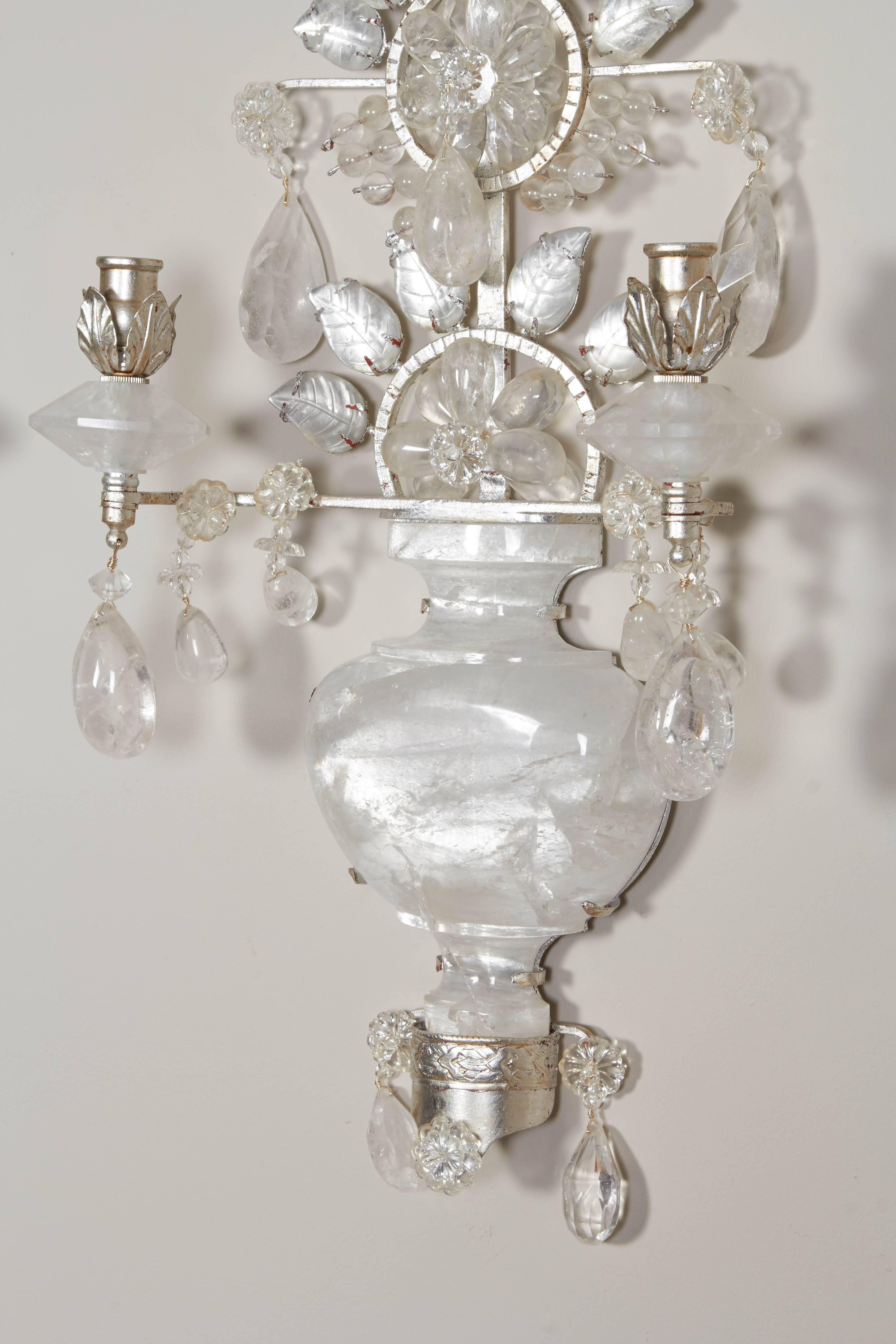 Chinoiserie Pair of Silvered Metal Two-Light  Rock Crystal Sconces