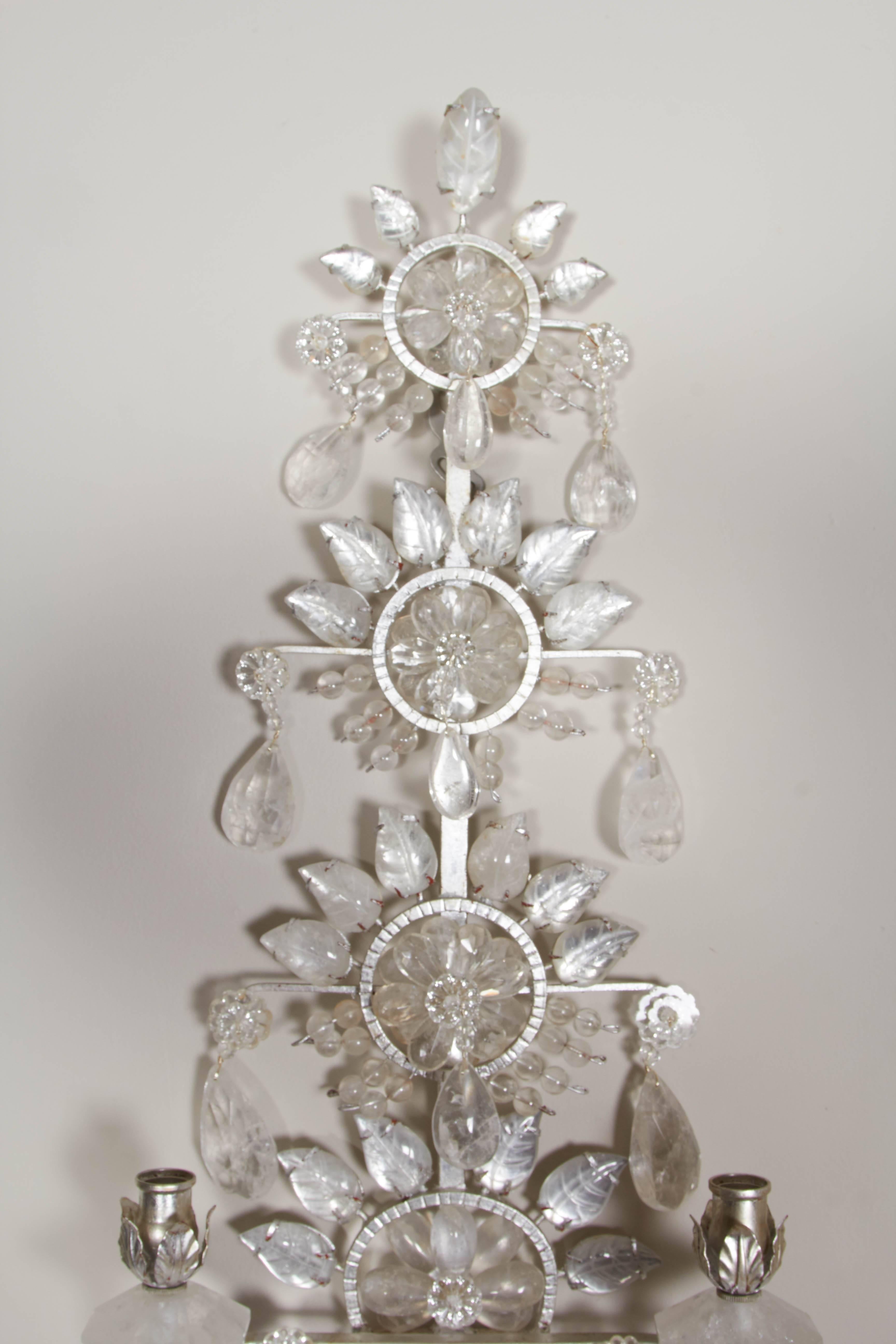 Pair of Silvered Metal Two-Light  Rock Crystal Sconces In Excellent Condition In New York, NY