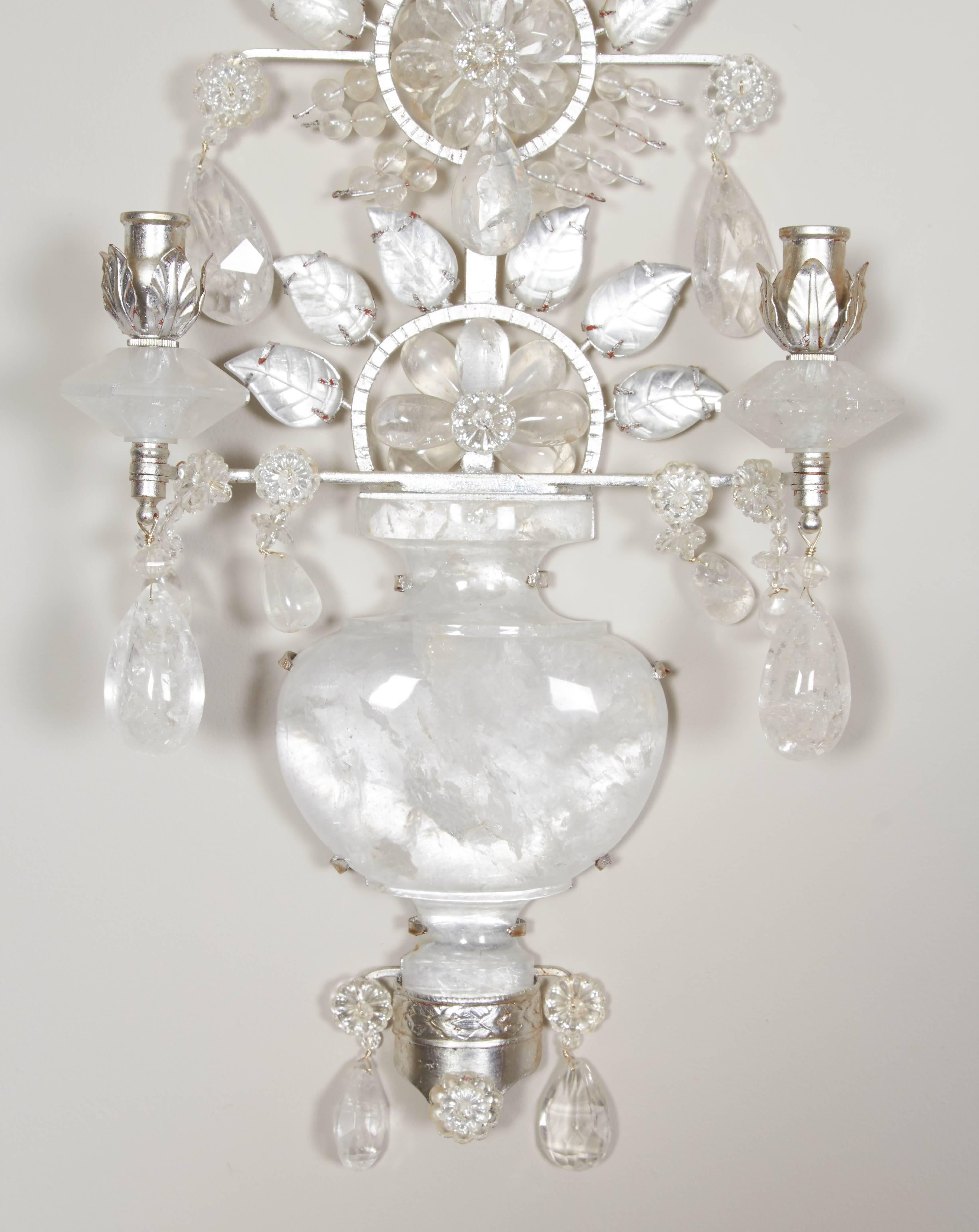 Pair of Silvered Metal Two-Light  Rock Crystal Sconces 3
