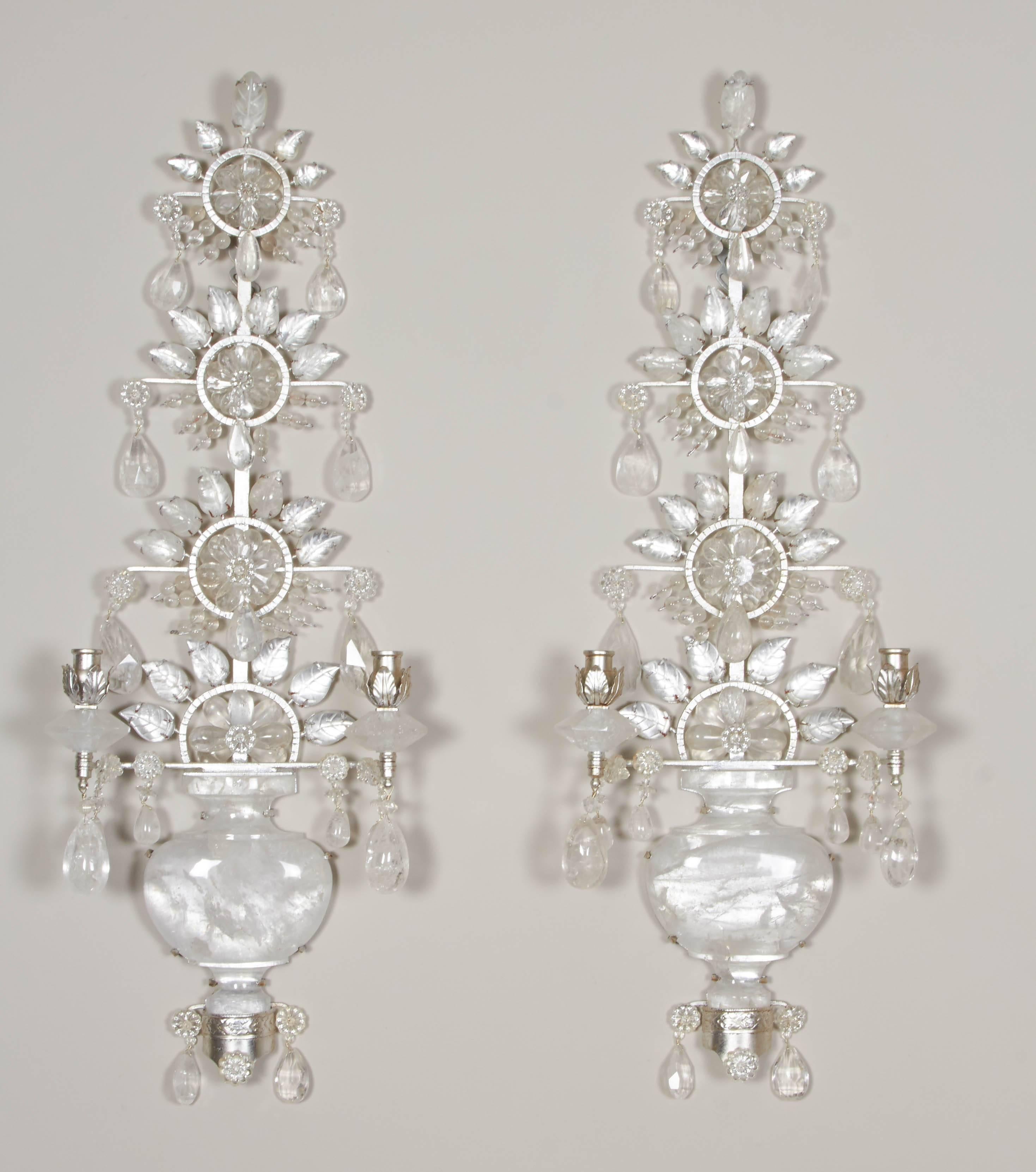Pair of Silvered Metal Two-Light  Rock Crystal Sconces 4