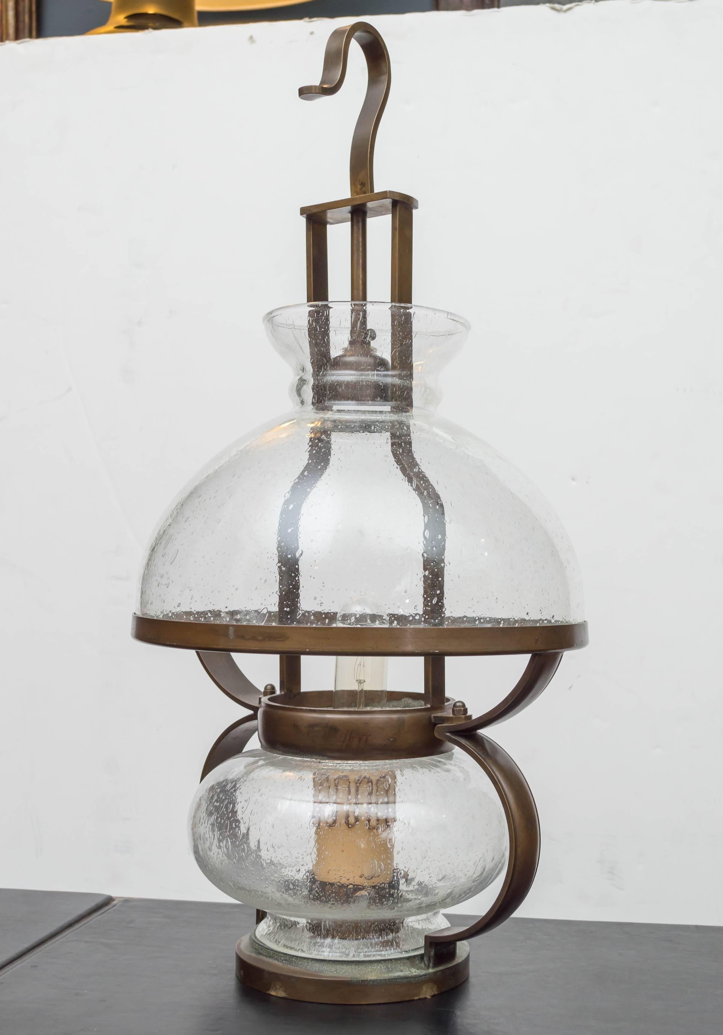 Organic Modern Pair of Custom Bronze and Blown Glass Italian Lanterns, circa 1960