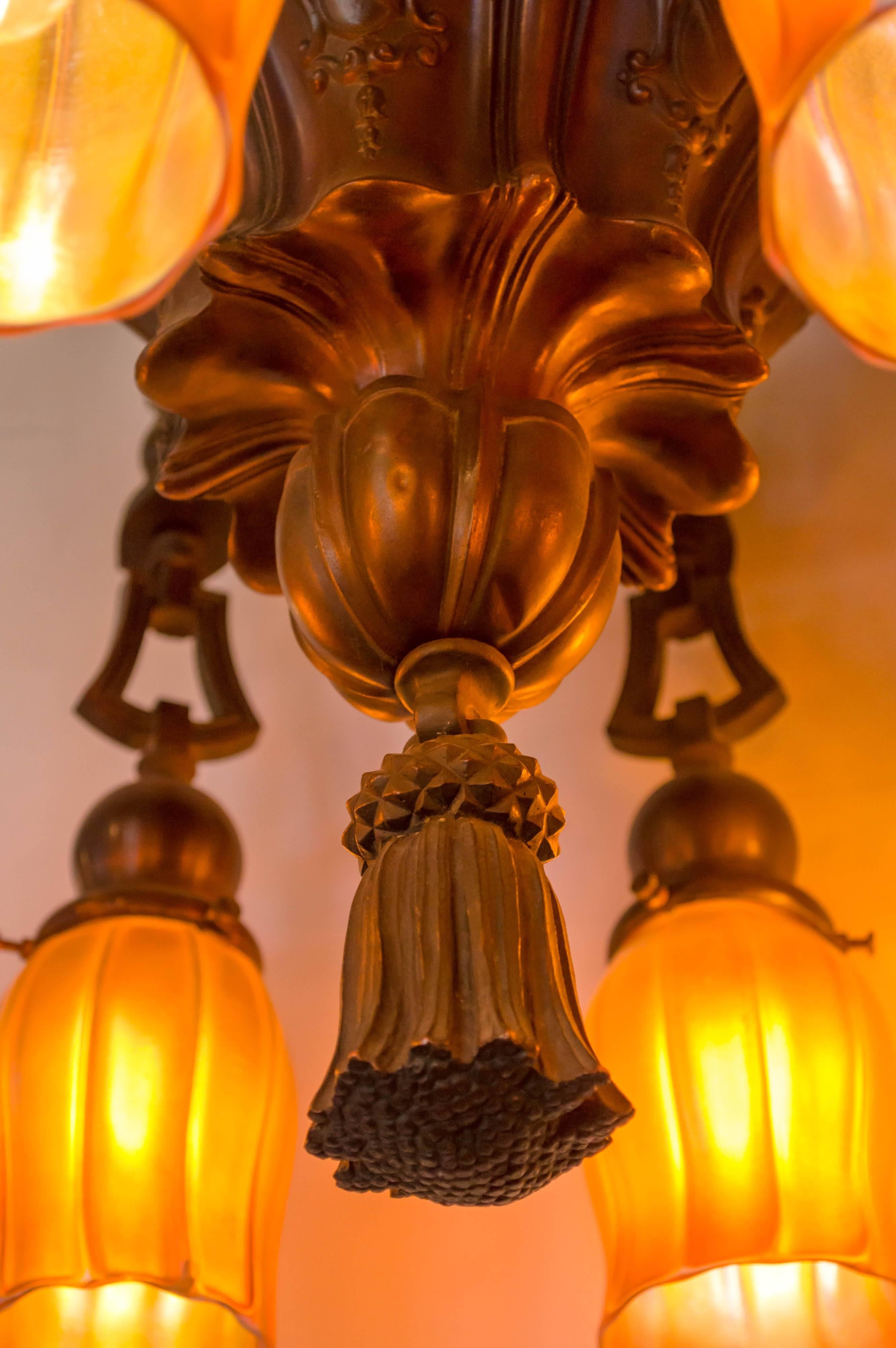Early 20th Century Eight-Arm Bronze Chandelier with Handblown Period Glass Shades