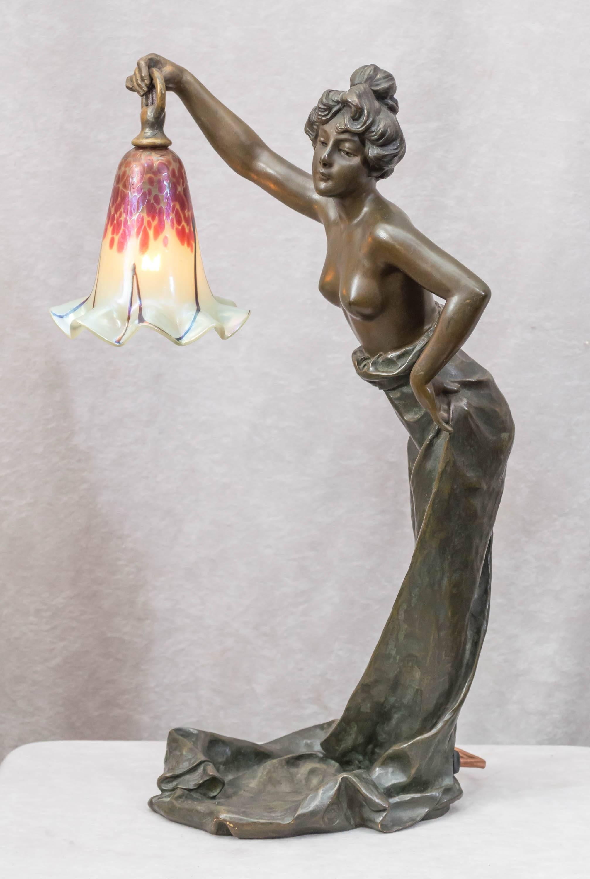 Art Nouveau Bronze Figural Lamp by Villanis In Excellent Condition In Petaluma, CA