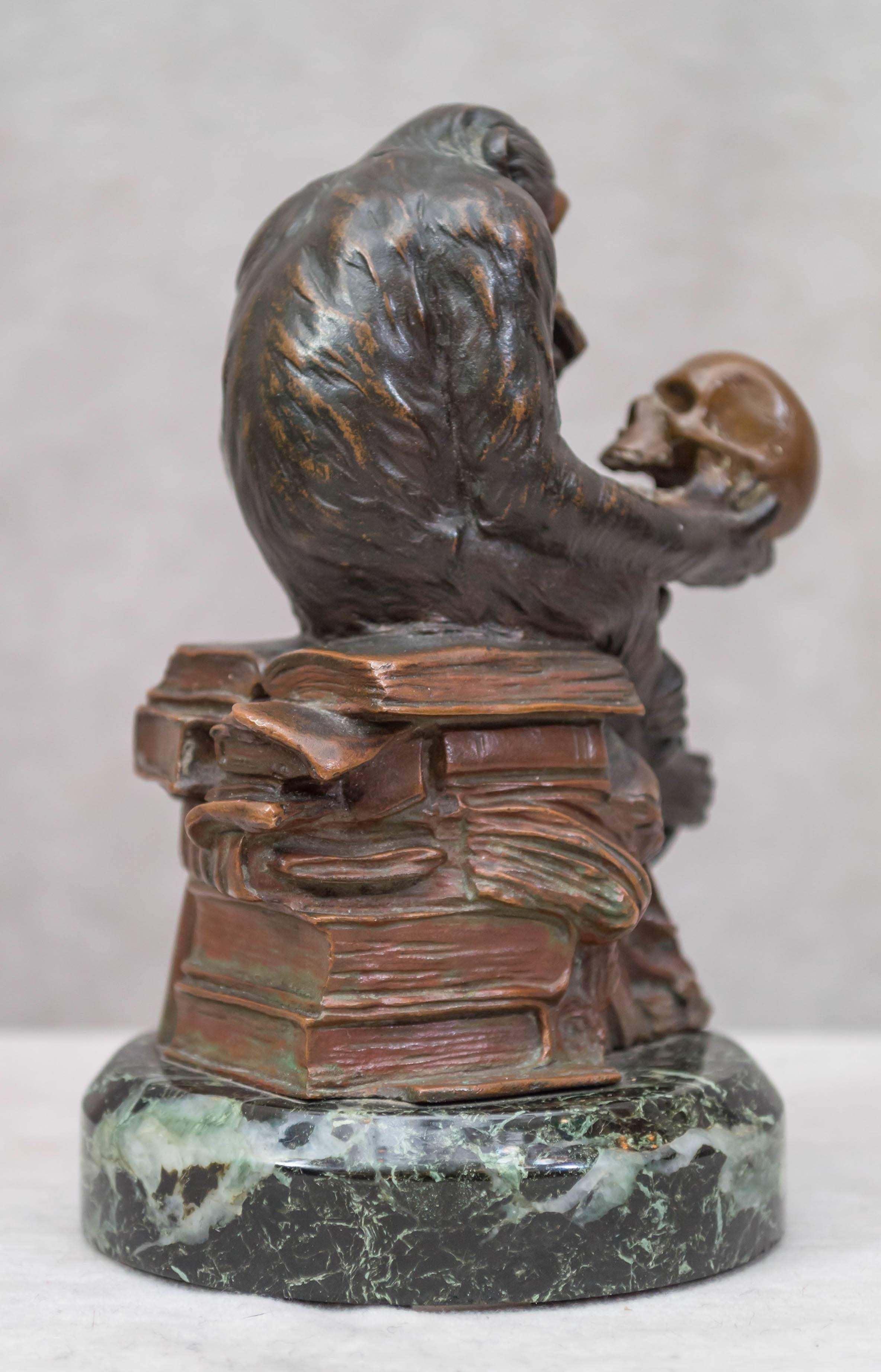 Beaux Arts Whimsical Bronze Figure of a Monkey Studying a Skull, Darwinian Reference