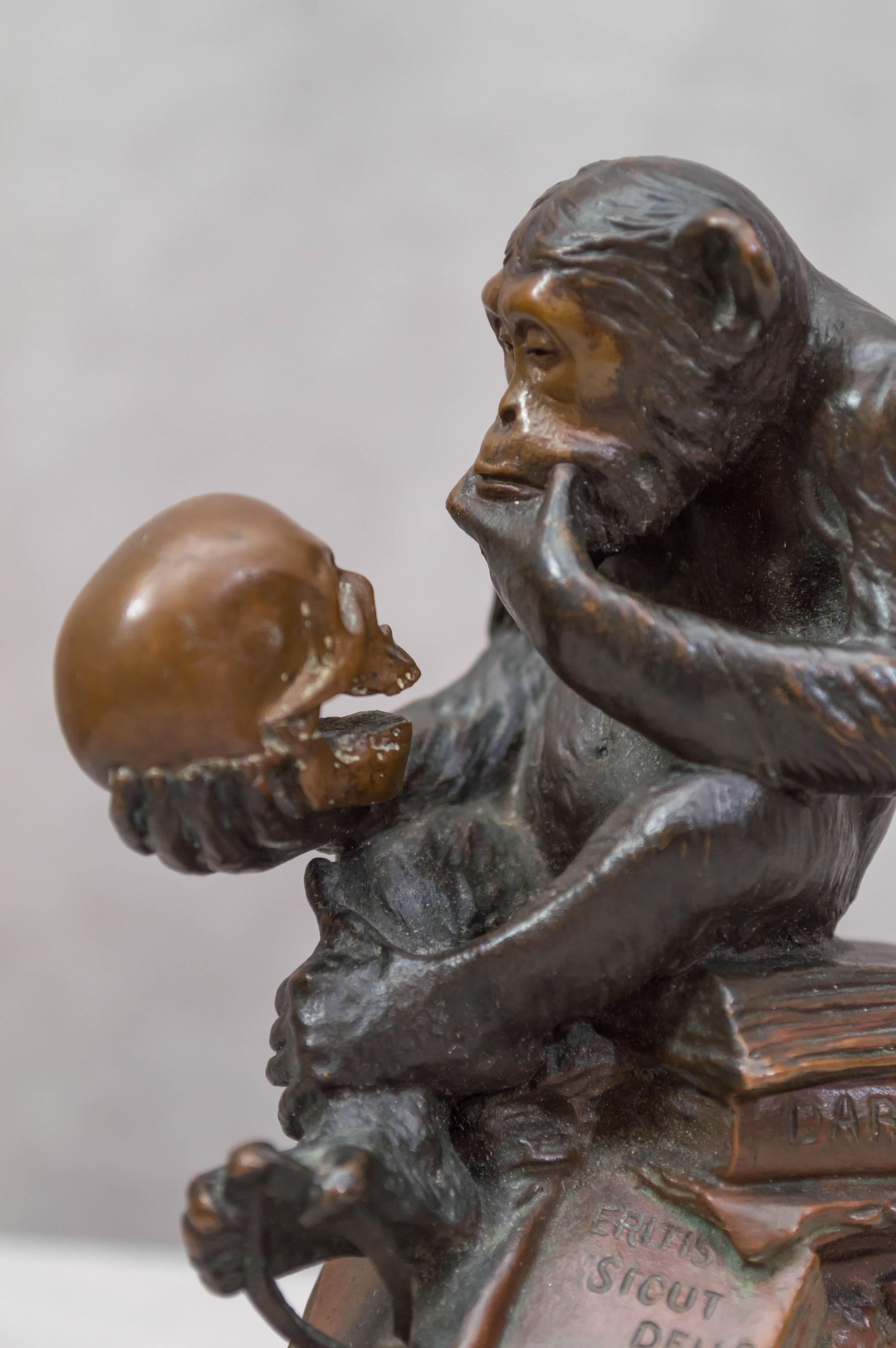 Whimsical Bronze Figure of a Monkey Studying a Skull, Darwinian Reference In Excellent Condition In Petaluma, CA