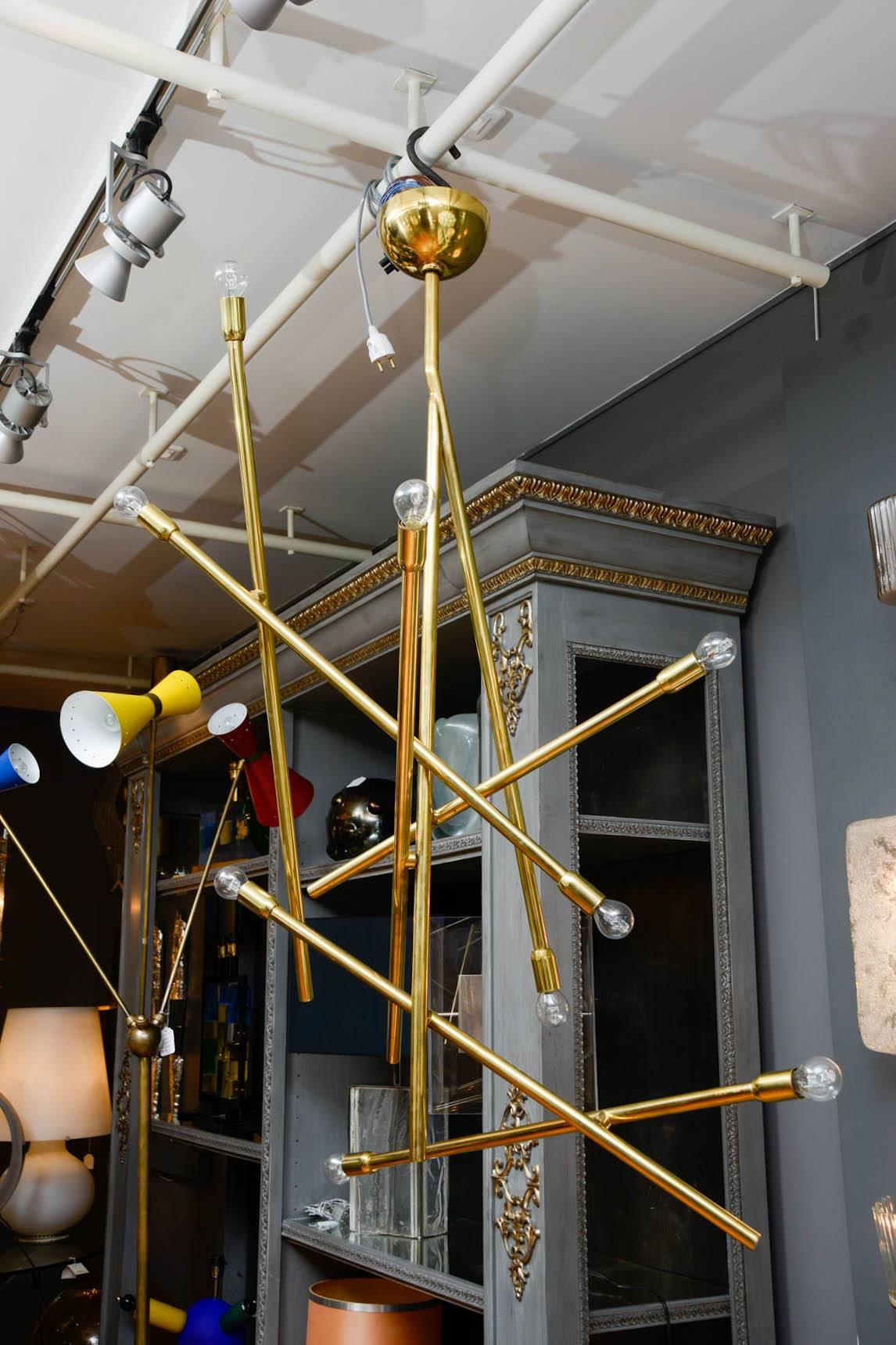 Contemporary Modernist Brass Chandelier with Eight Lights For Sale