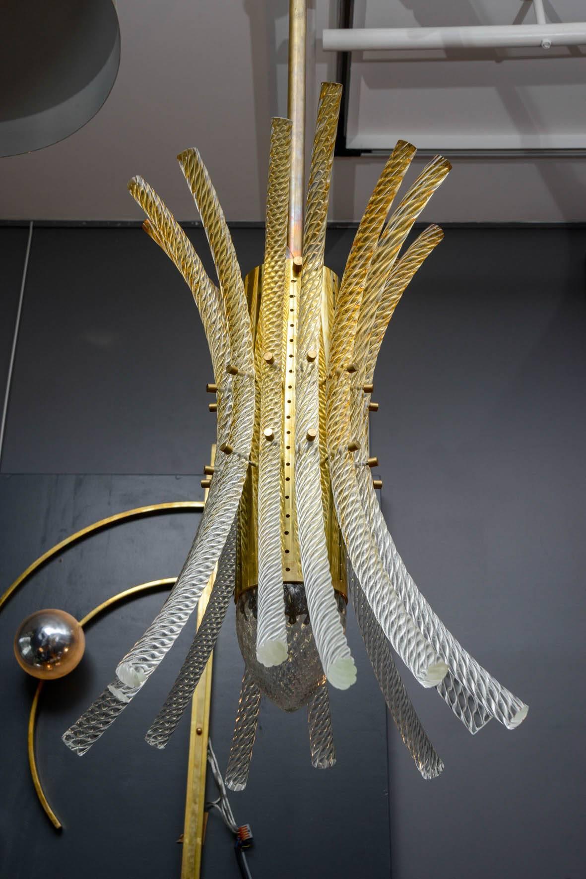 Mid-Century Modern Pair of Brass and Murano Glass Rods Pendants