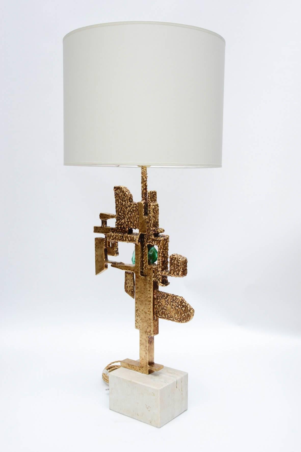 Italian Pair of Brass, Travertine and Murano Glass Table Lamps