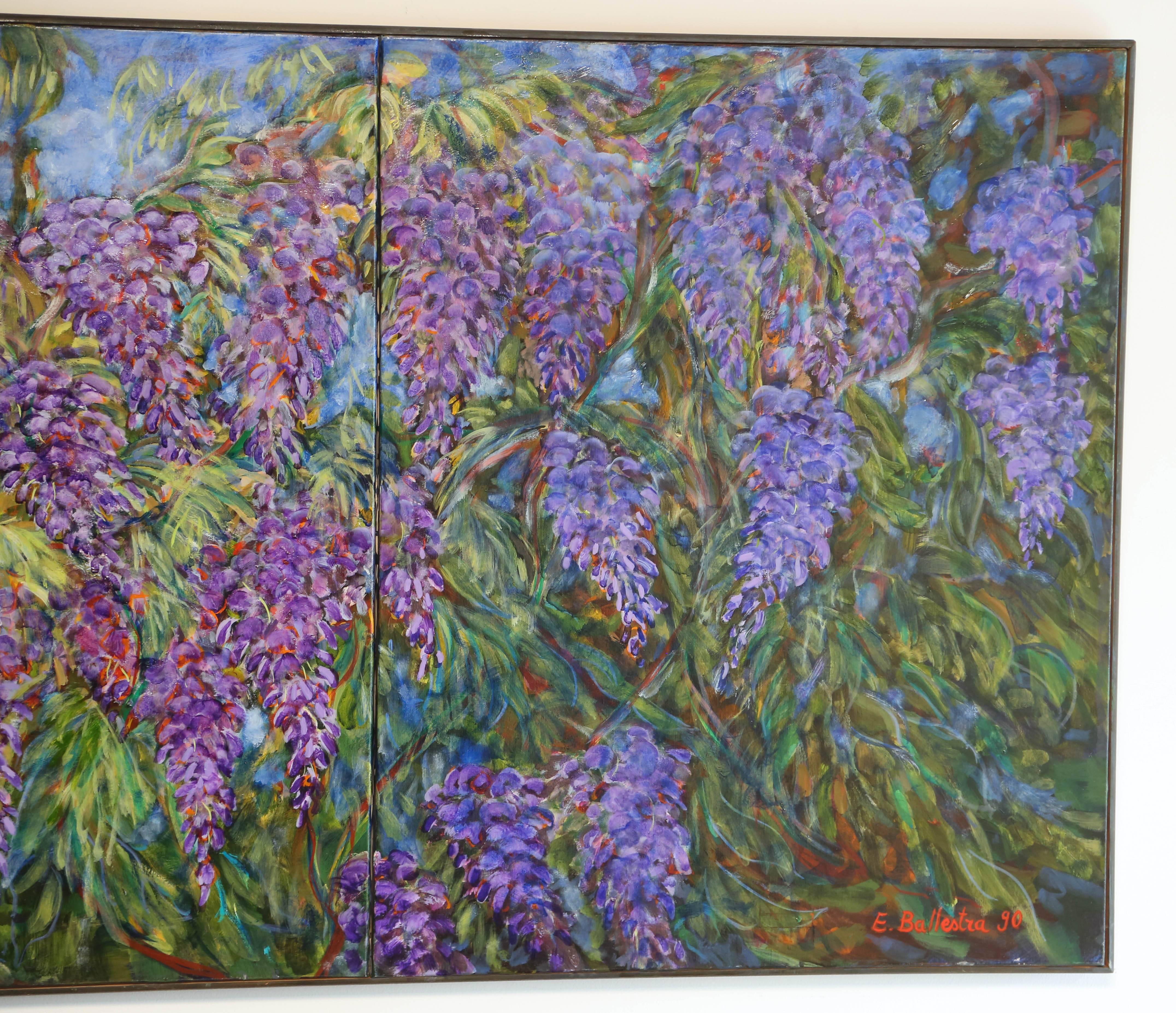 Expressionist E. Ballestra Oil Painting on Canvas Wisteria Branches