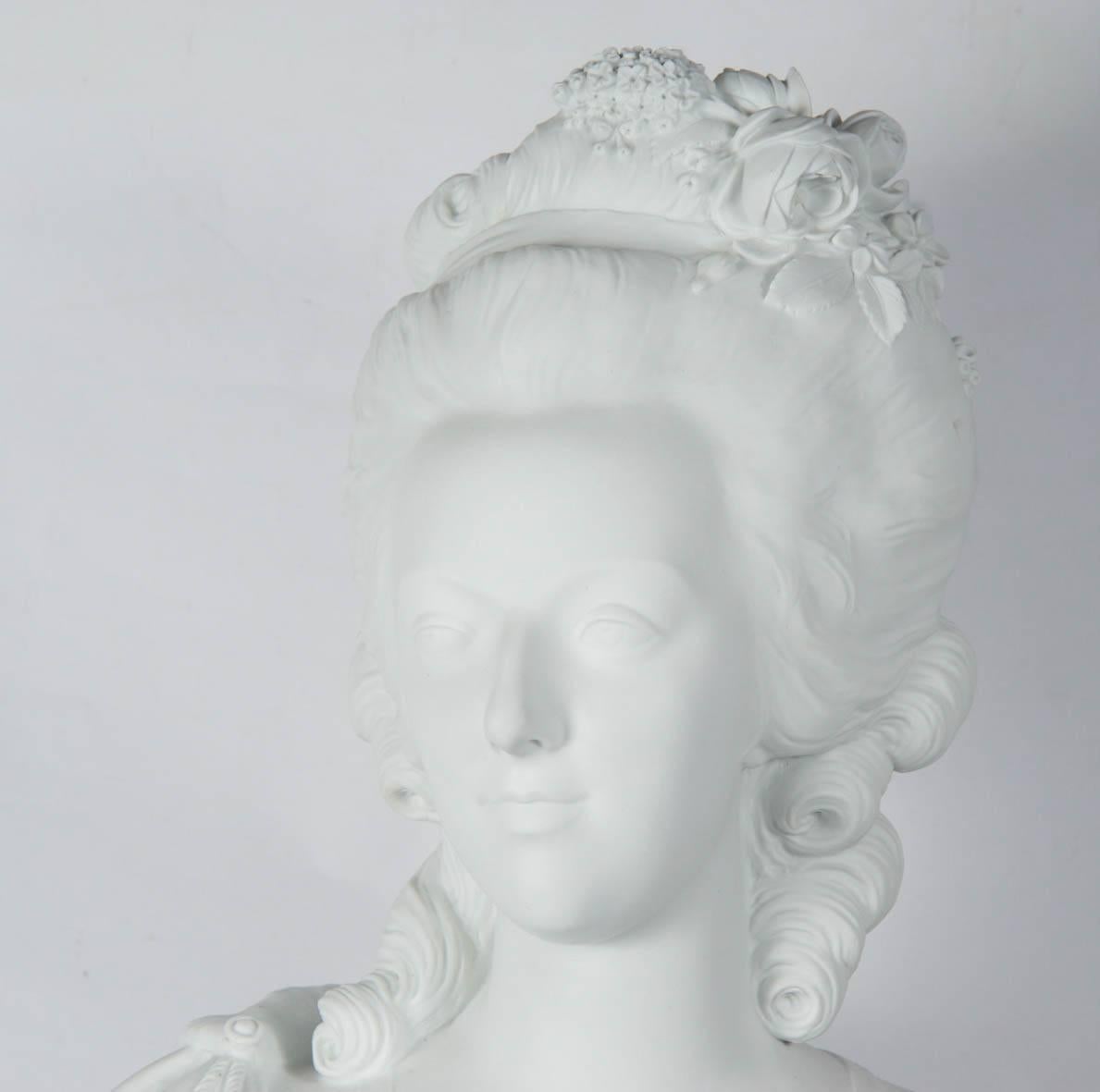 Bust of Marie Antoinette, circa 1860, bisquit of manufacture of Sèvres standing on a gilt bronze and marble base
sign JACQUEMIN.