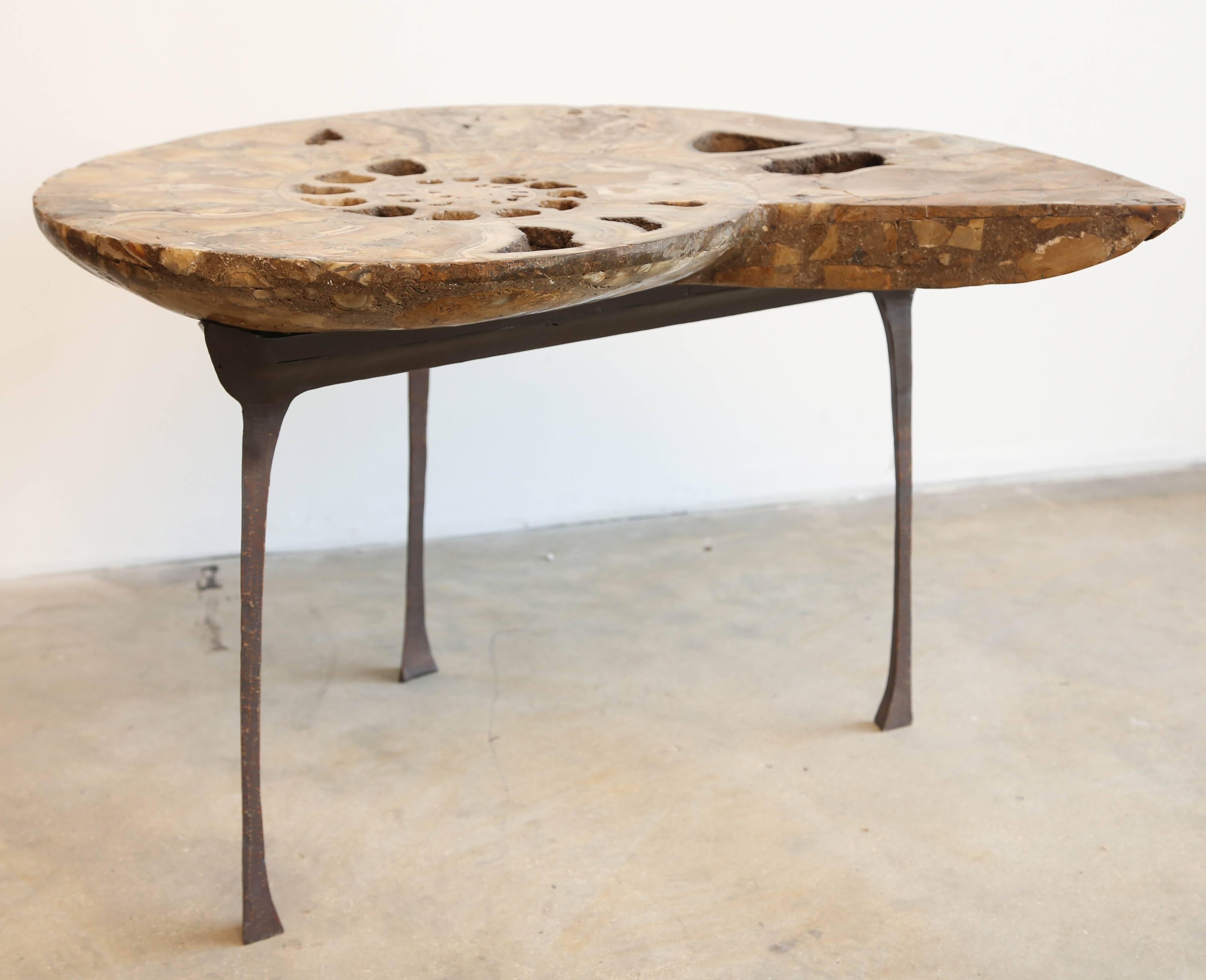 Stone Coffee or Sofa Table a Fossil of Ammonite Standing on a Bronze Base