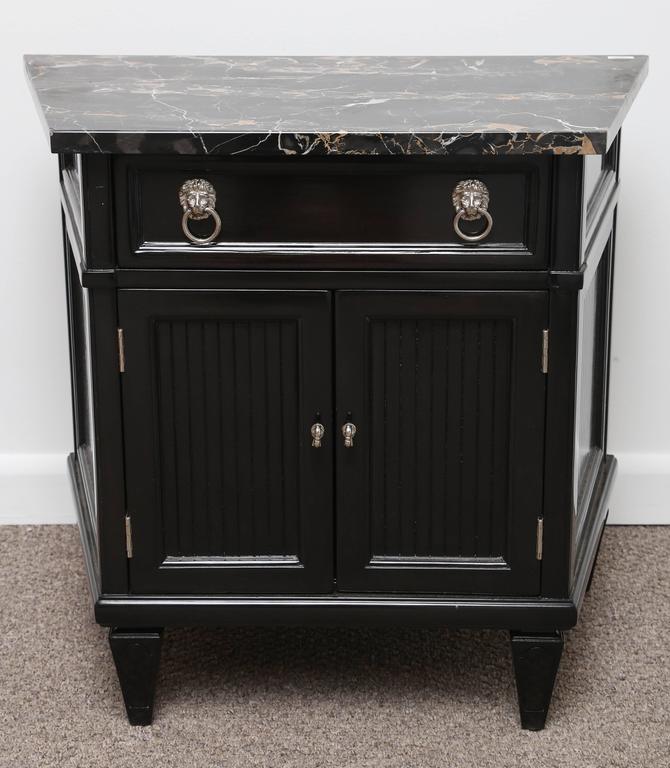 Pair of MidCentury Nightstands Portor Marble Top Black Lacquer Wood at