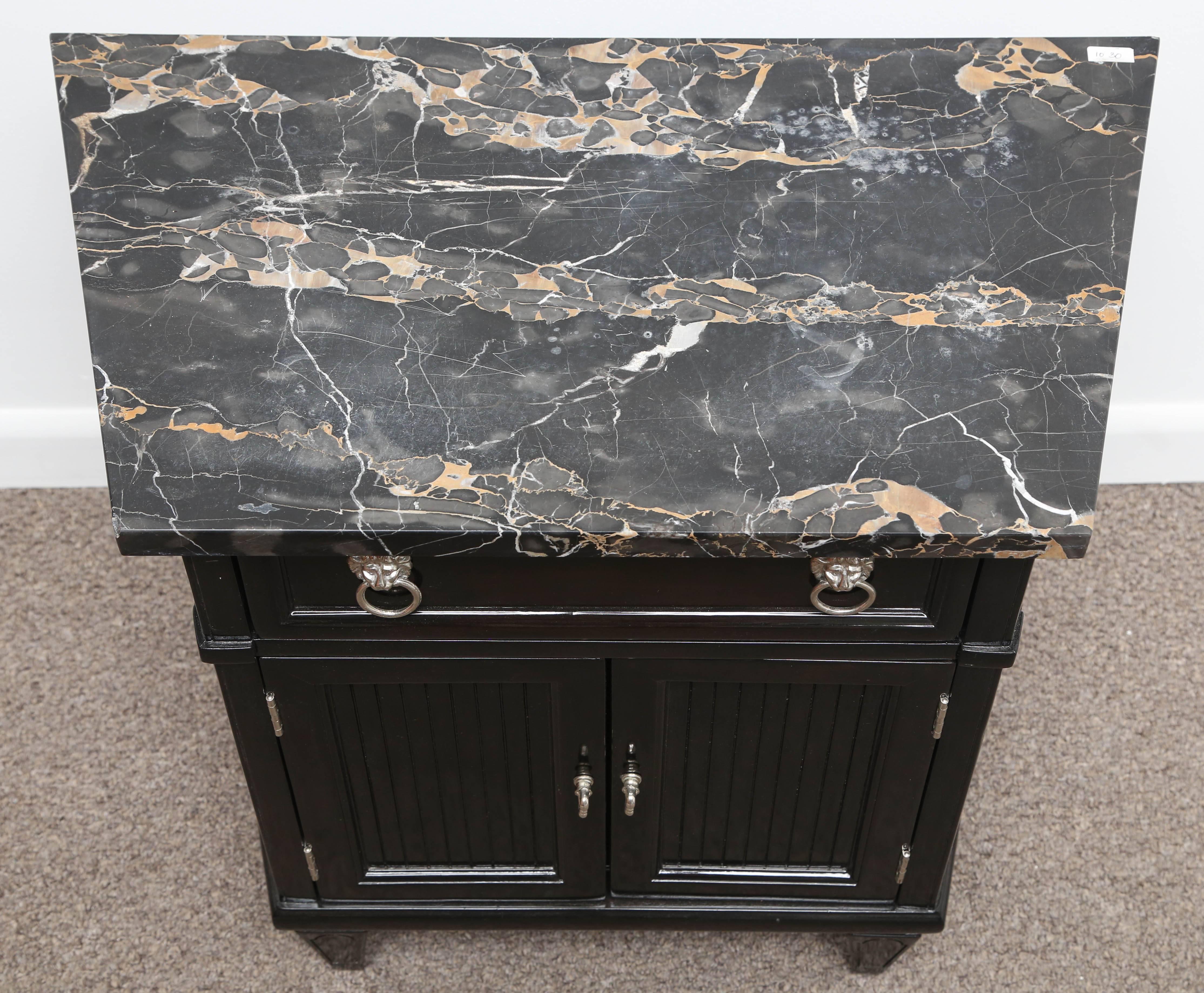 Pair of MidCentury Nightstands Portor Marble Top Black Lacquer Wood at