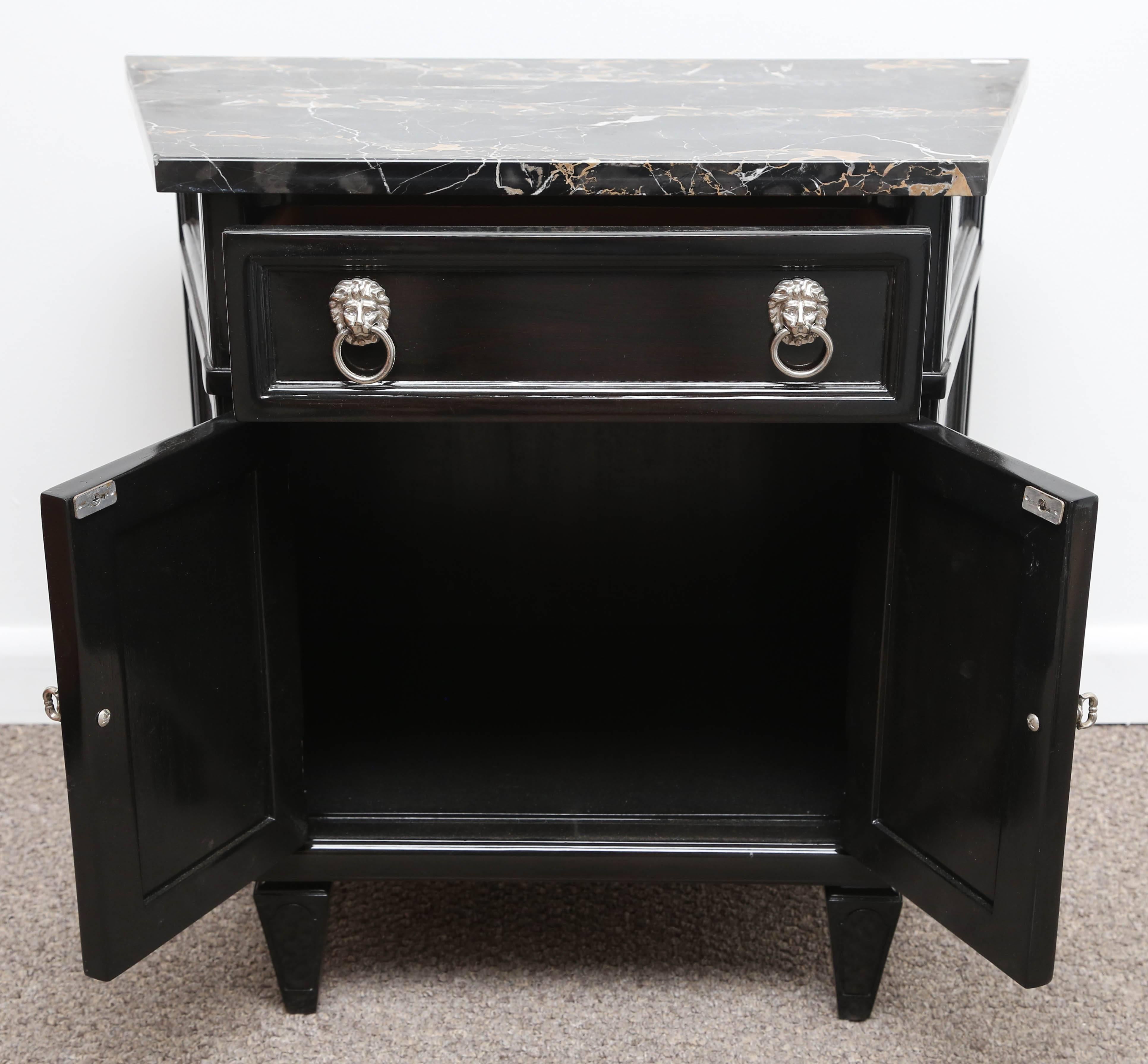 Pair of MidCentury Nightstands Portor Marble Top Black Lacquer Wood at