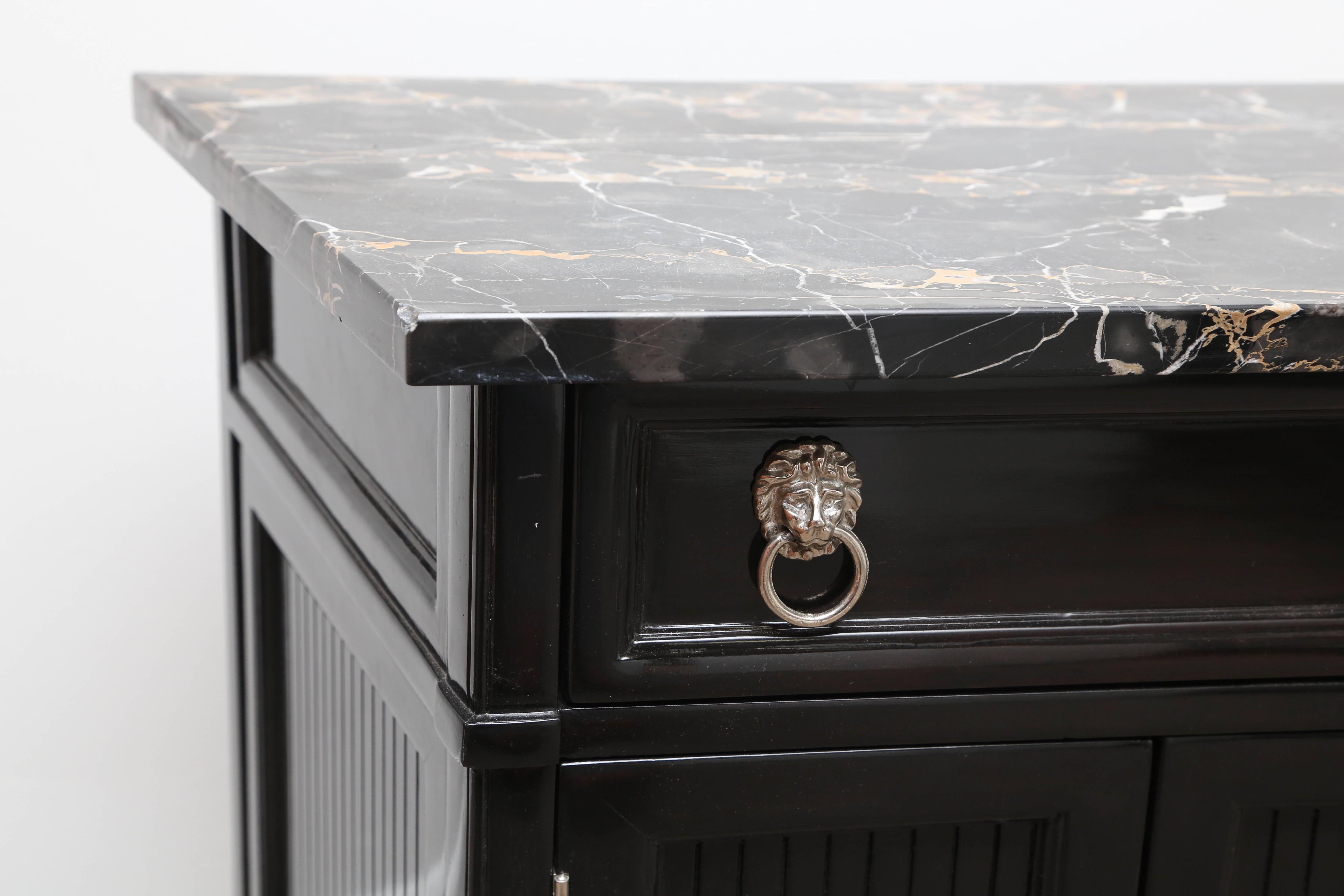 Pair of MidCentury Nightstands Portor Marble Top Black Lacquer Wood at