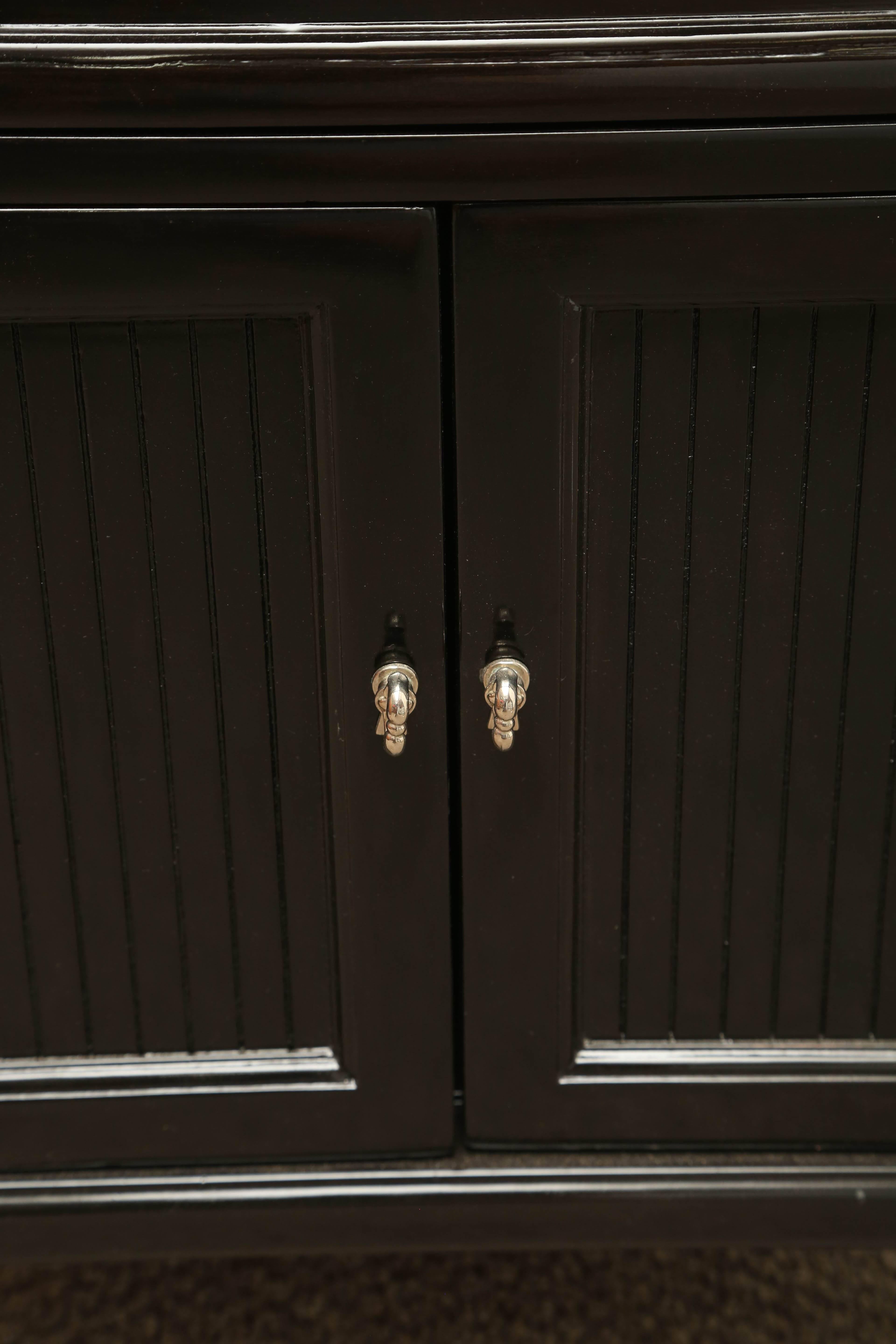 Pair of MidCentury Nightstands Portor Marble Top Black Lacquer Wood at