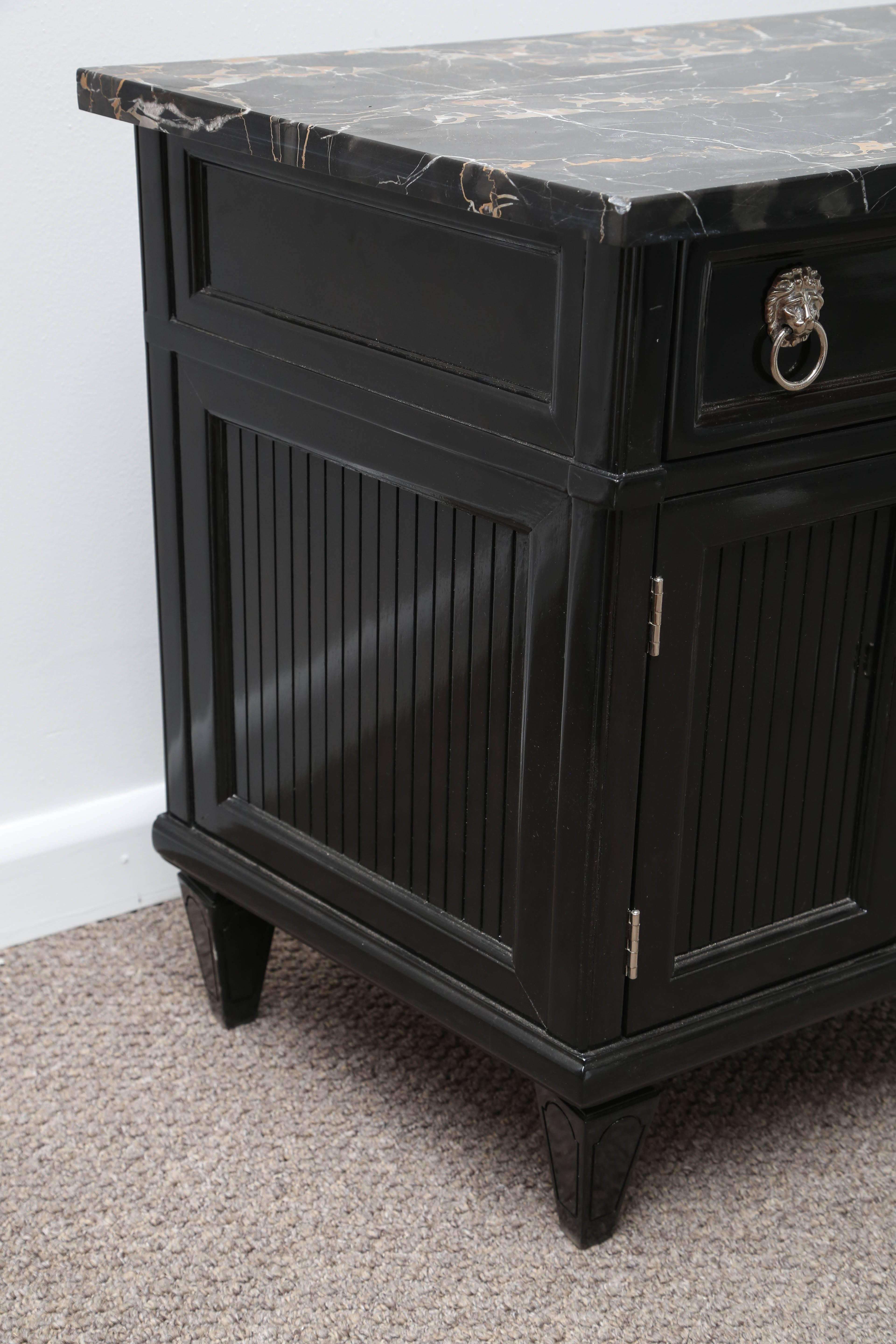 Pair of MidCentury Nightstands Portor Marble Top Black Lacquer Wood at