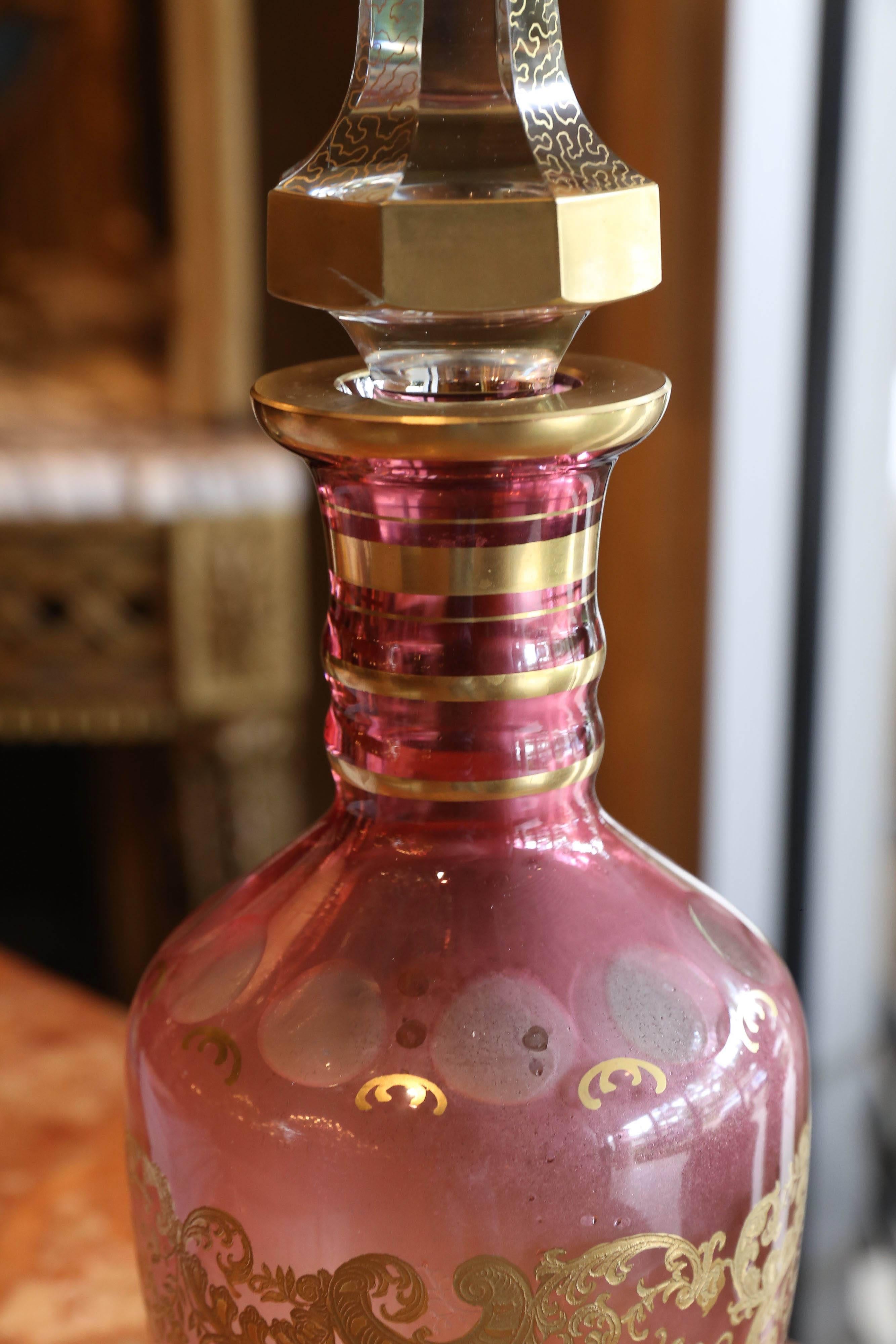 Czech Cranberry Cased and Gilt Glass Decanter, Moser In Excellent Condition In Houston, TX