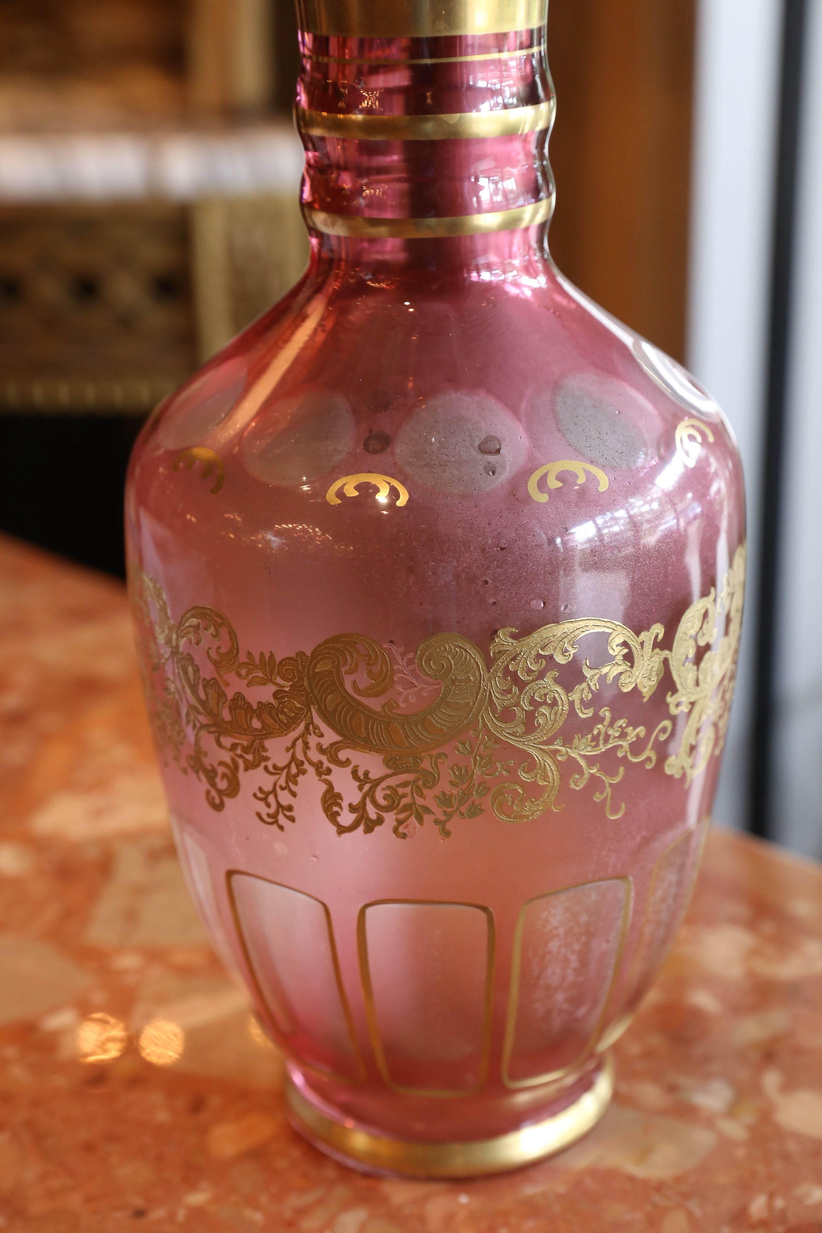 20th Century Czech Cranberry Cased and Gilt Glass Decanter, Moser