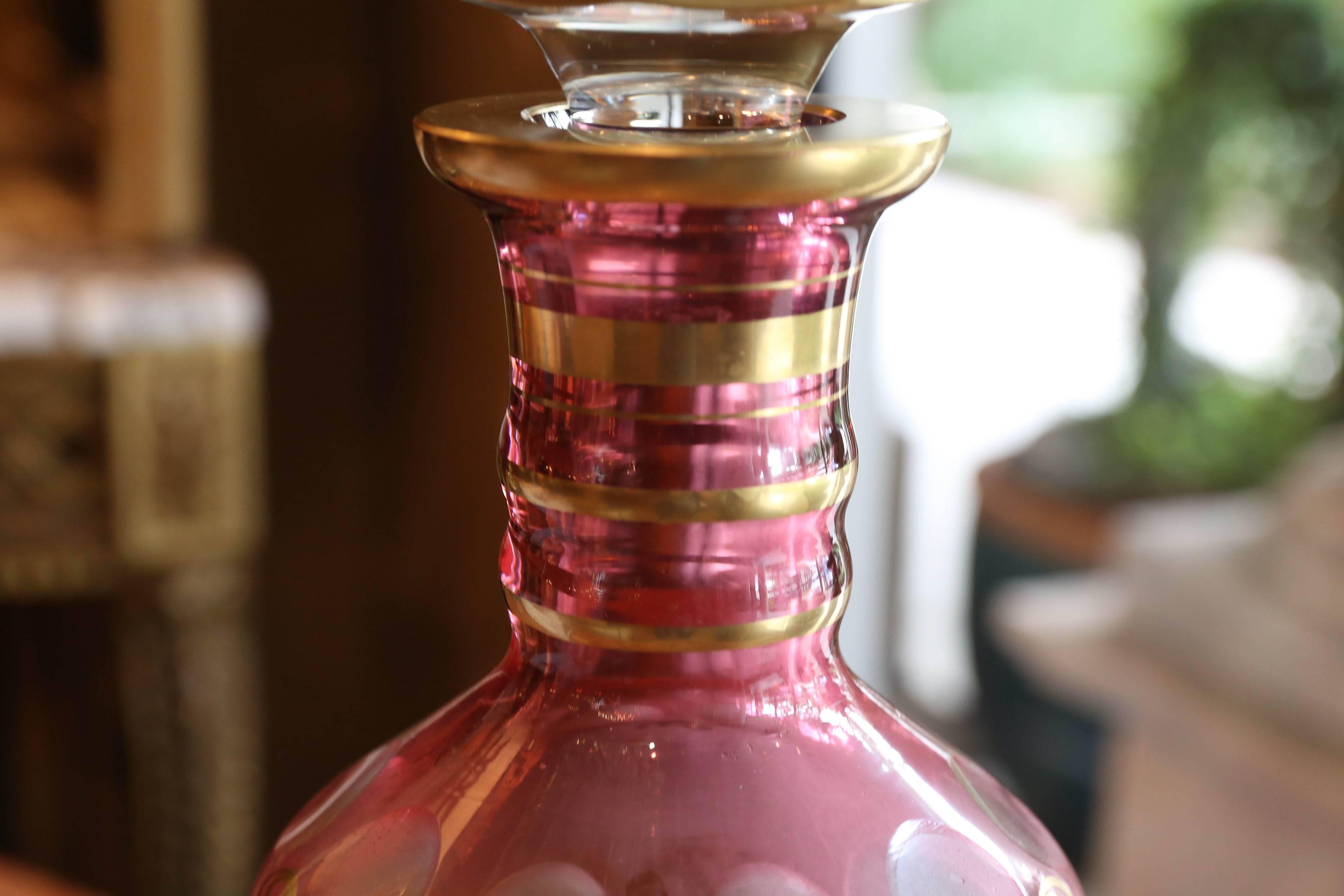 Czech Cranberry Cased and Gilt Glass Decanter, Moser 1