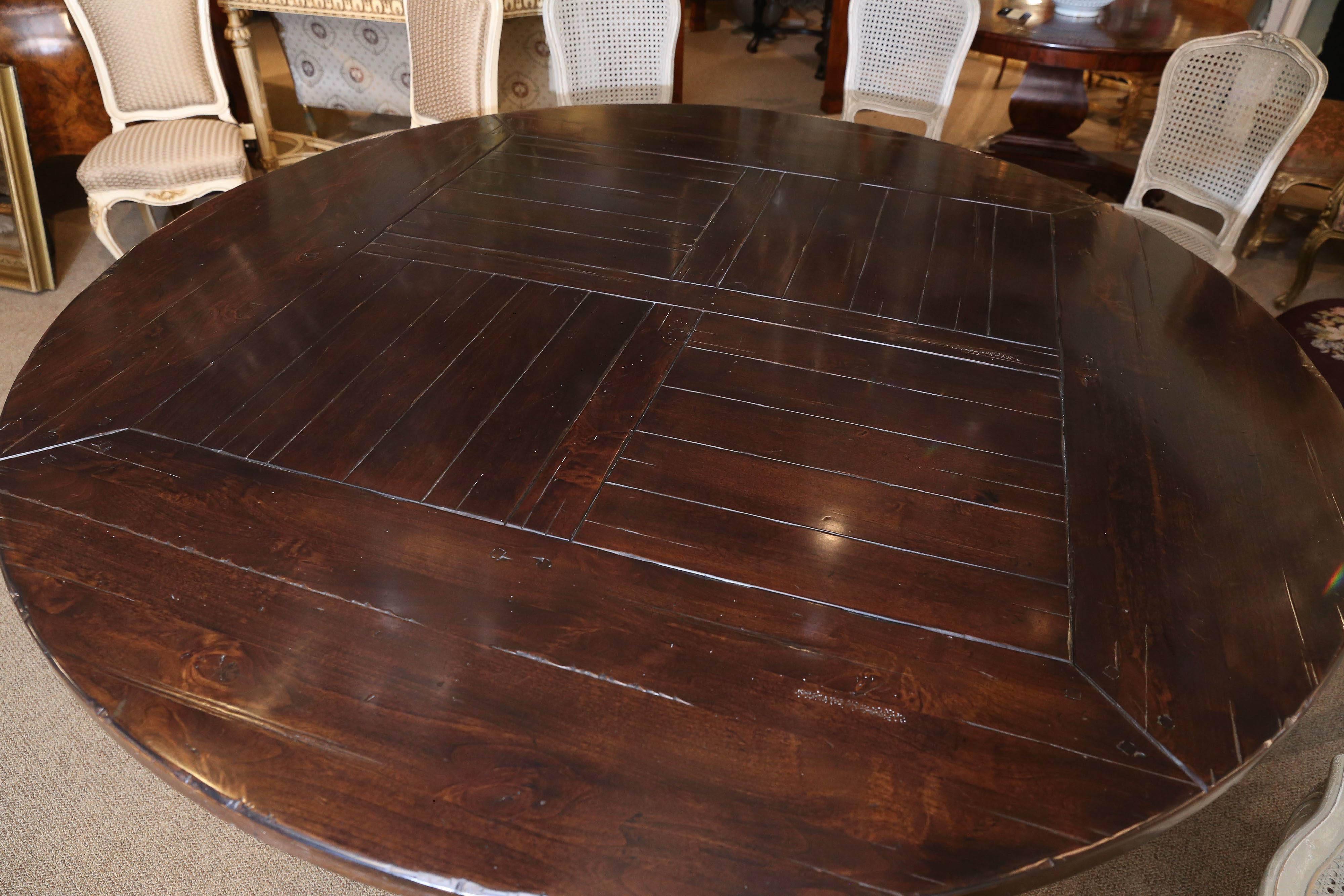 Contemporary Large Round Dining Table with Distressed Finish in Dark Pine