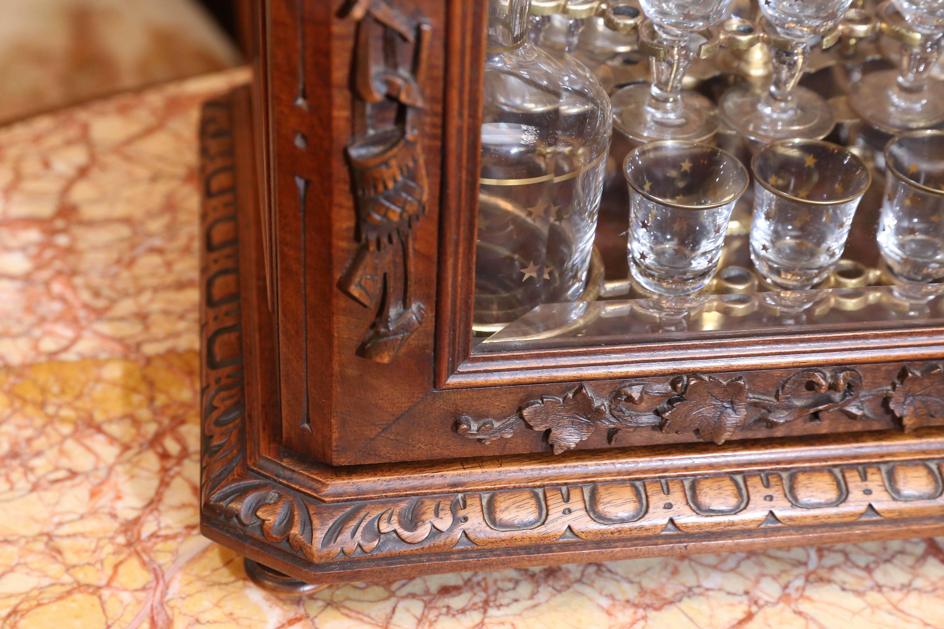 19th Century French Black Forest Walnut and Beveled Glass Tantalus Set