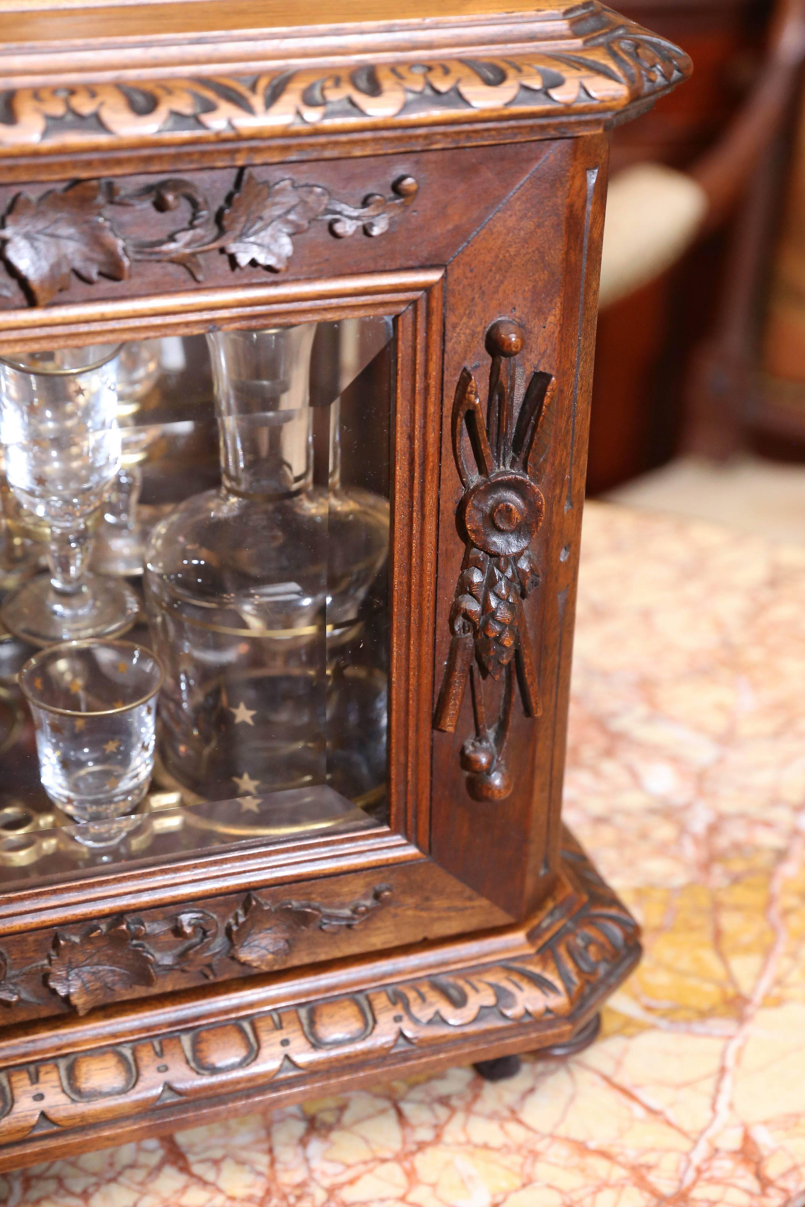 French Black Forest Walnut and Beveled Glass Tantalus Set 1