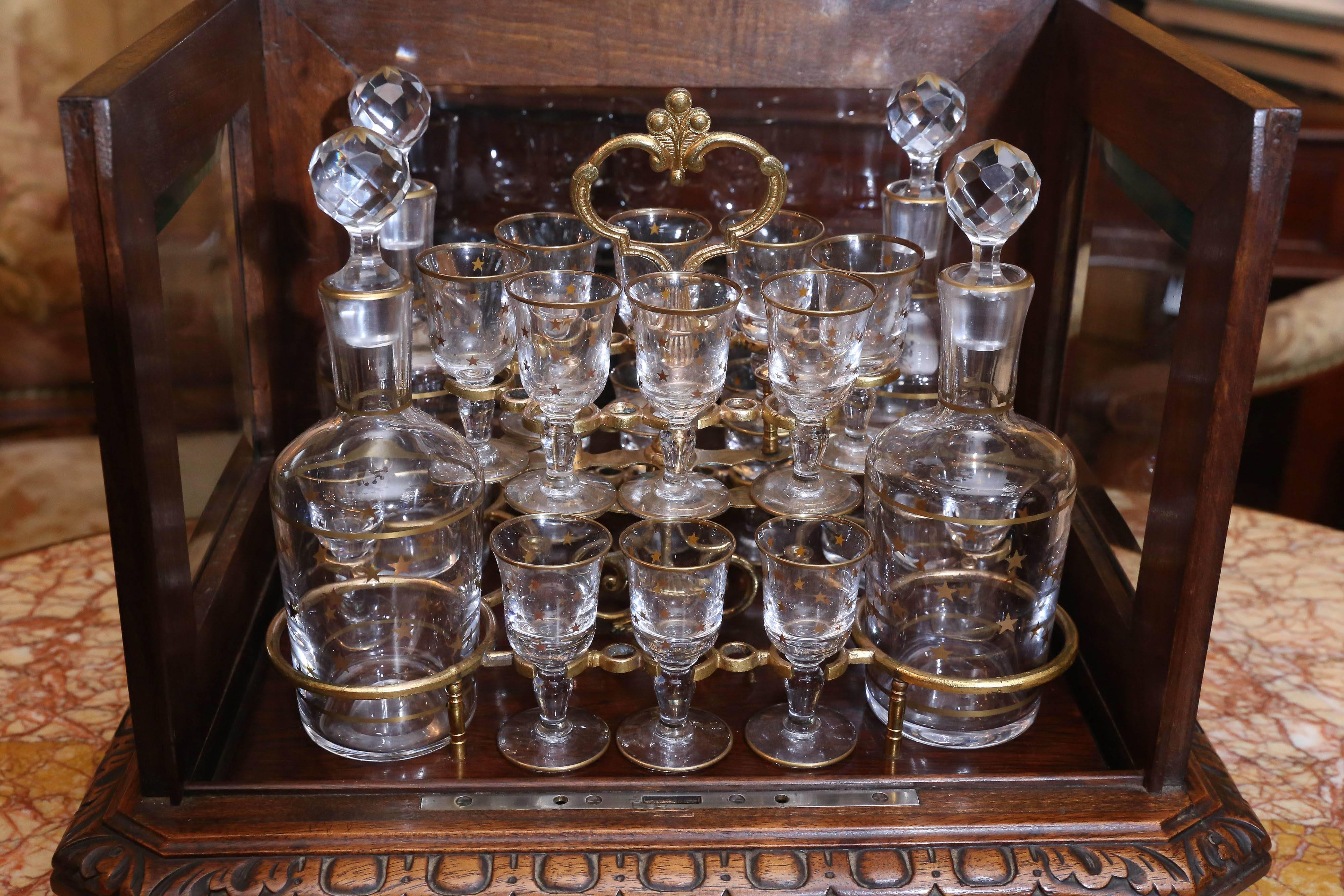 French Black Forest Walnut and Beveled Glass Tantalus Set 6