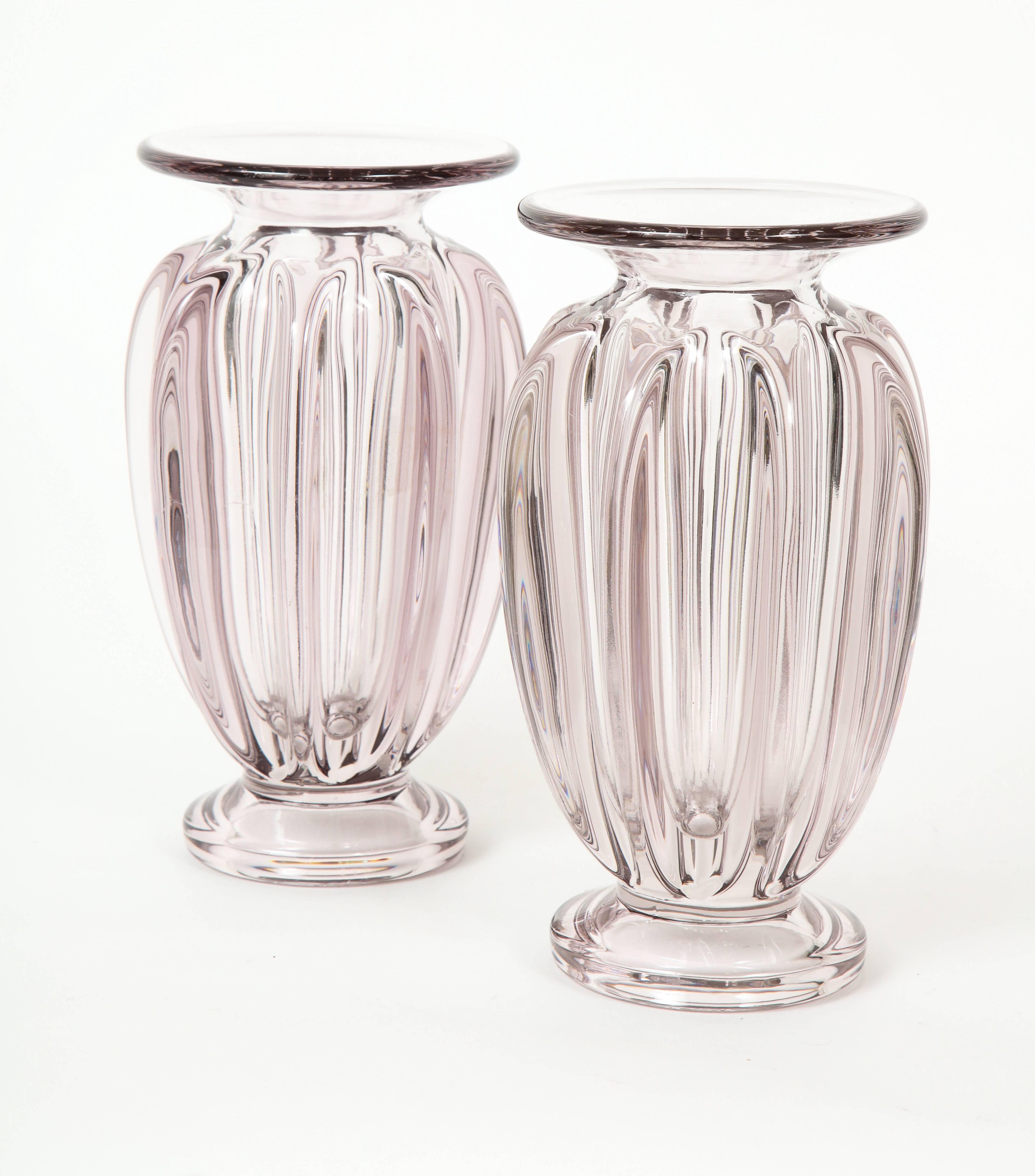 Stunning pair of D'Avesn French art glass vases, circa 1950s. This great pair is a unique shade of grey with a hint of lavender. Stunning design and weight make these very decorative with a very 1950s quality to them. Unsigned. 