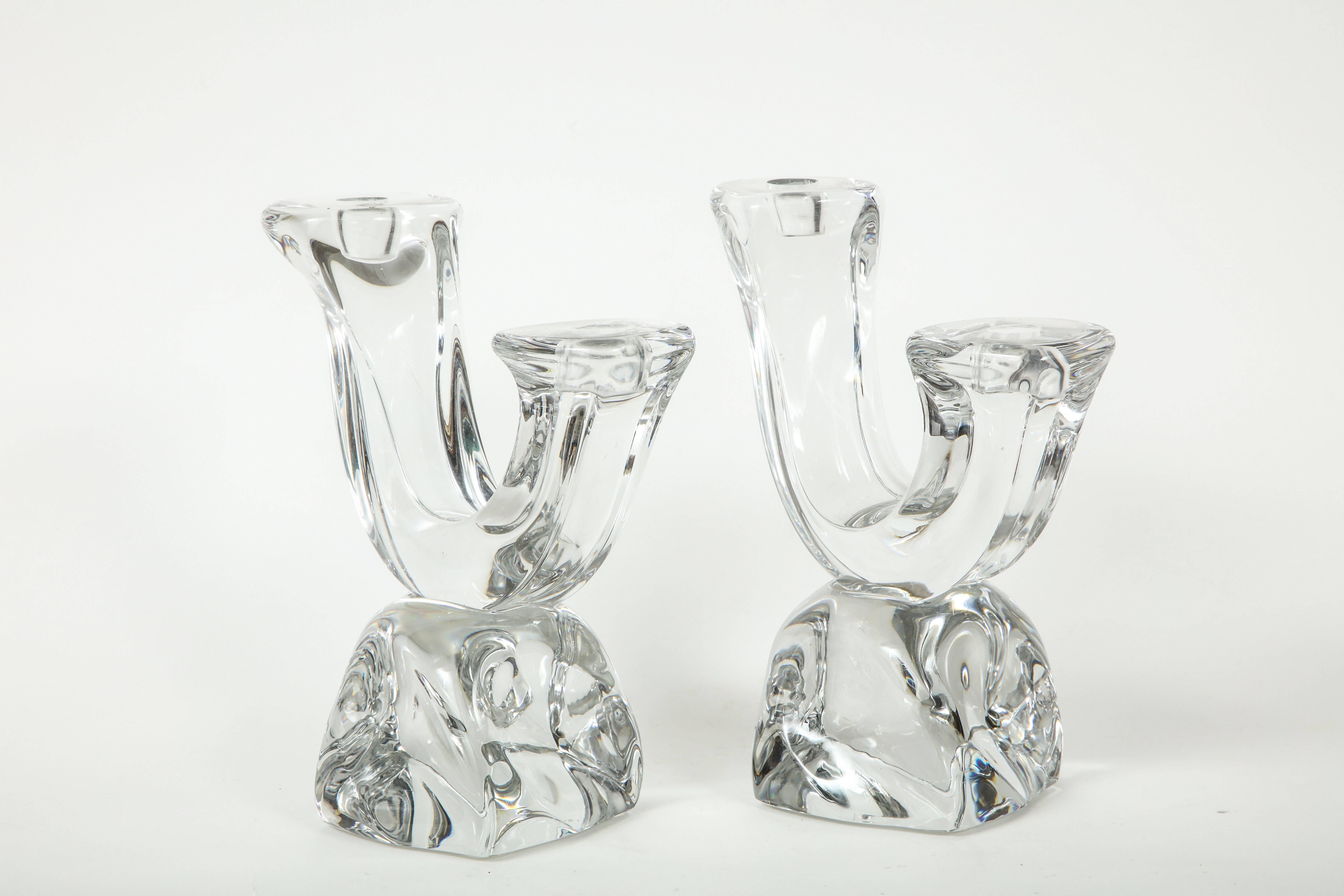 Pair of 1950s Daum Crystal Candlesticks In Good Condition In New York, NY