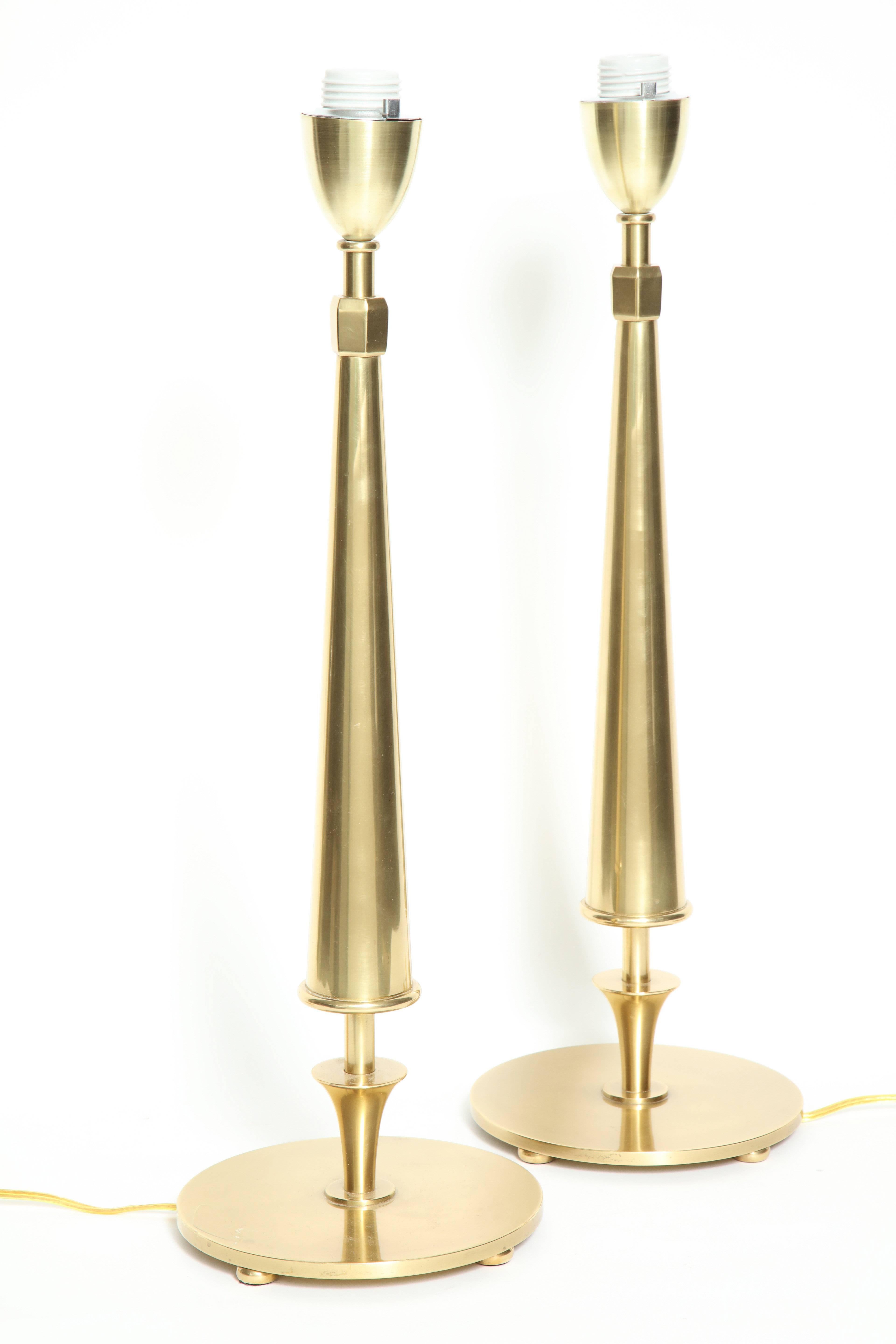 American Pair of Brass Conical Lamps For Sale