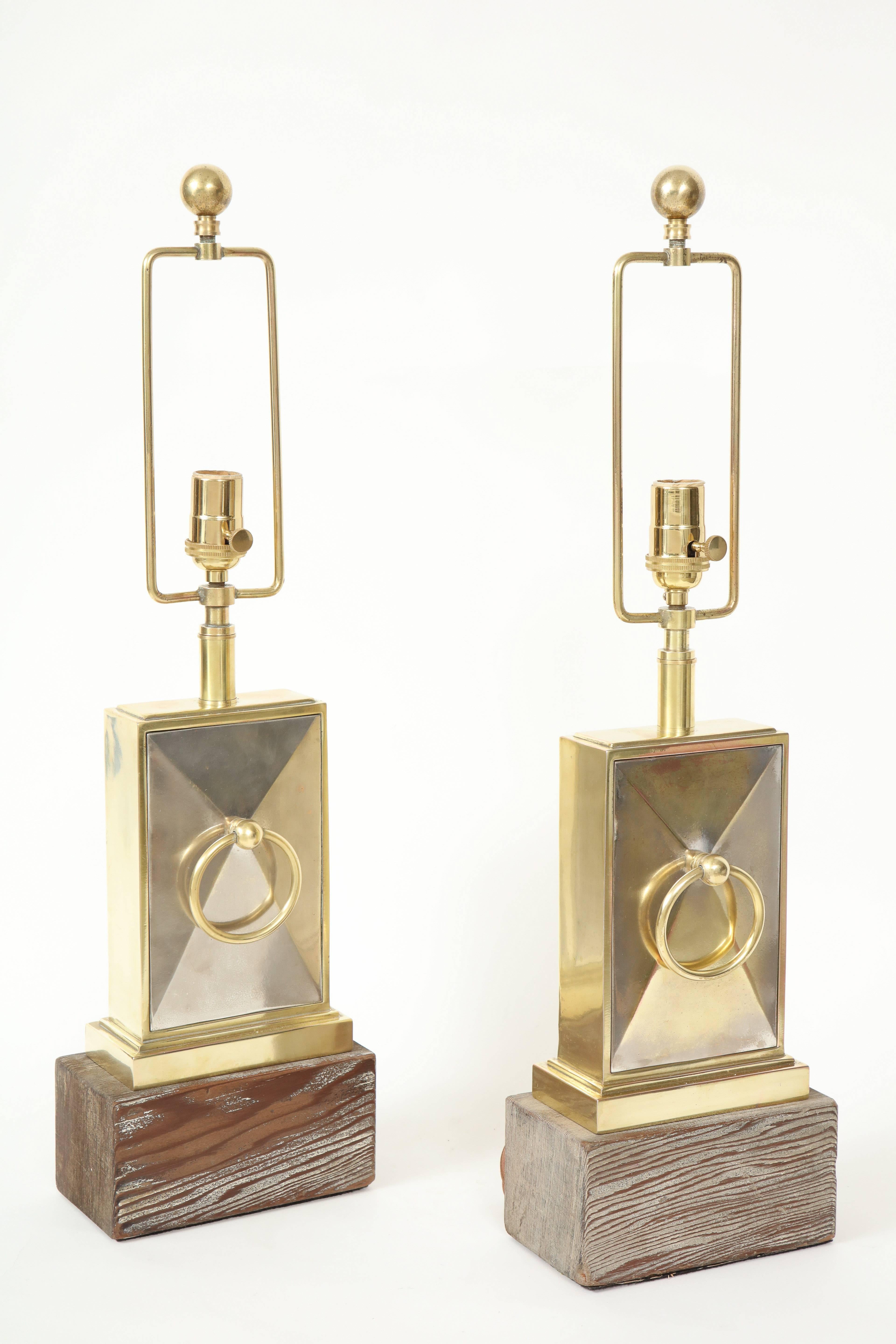Mid-20th Century Pair of Brass and Nickel Lamps by James Mont For Sale