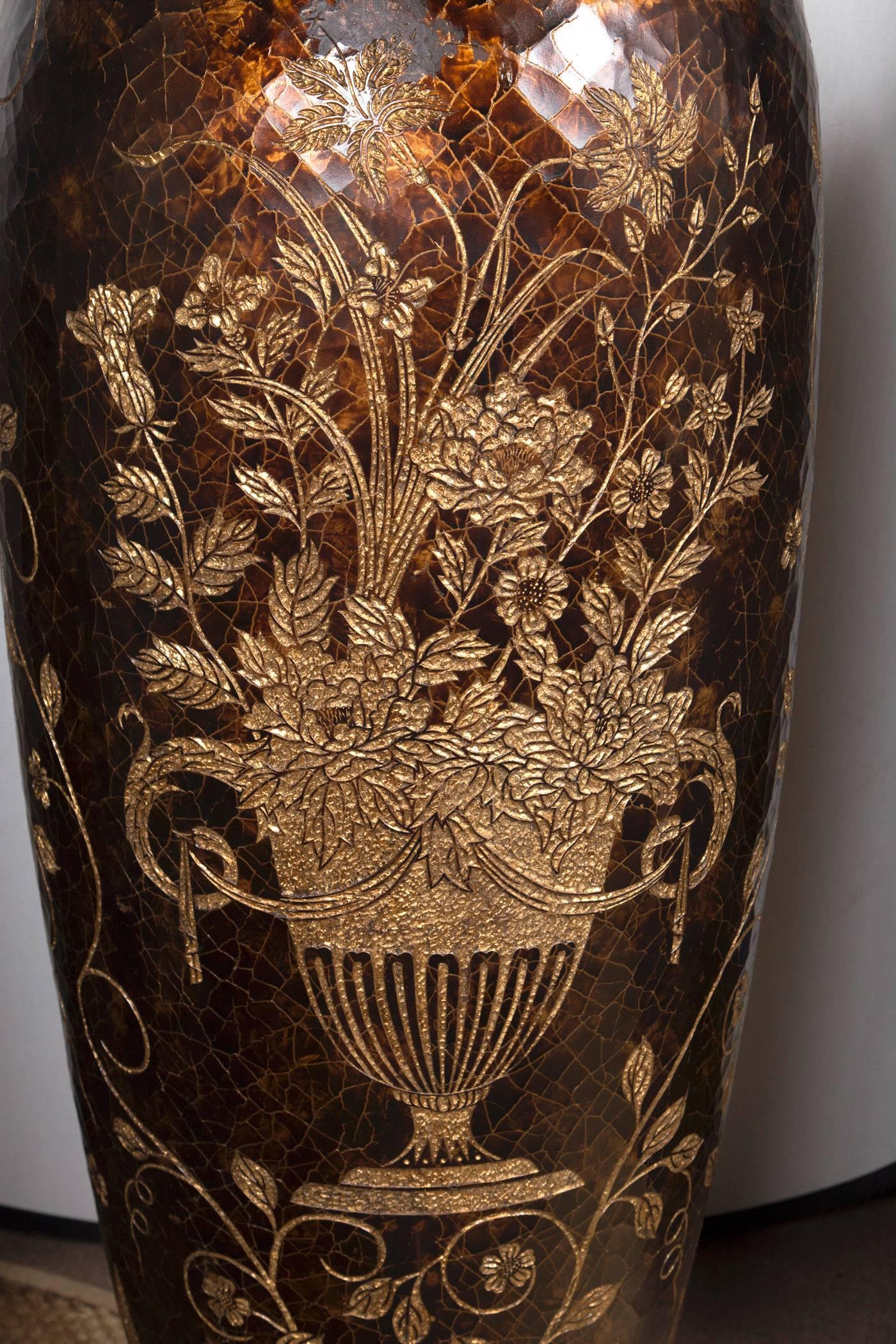 Unusual Pair of Tall Lacquered and Incised Chinese Floor Vases In Good Condition In Woodbury, CT