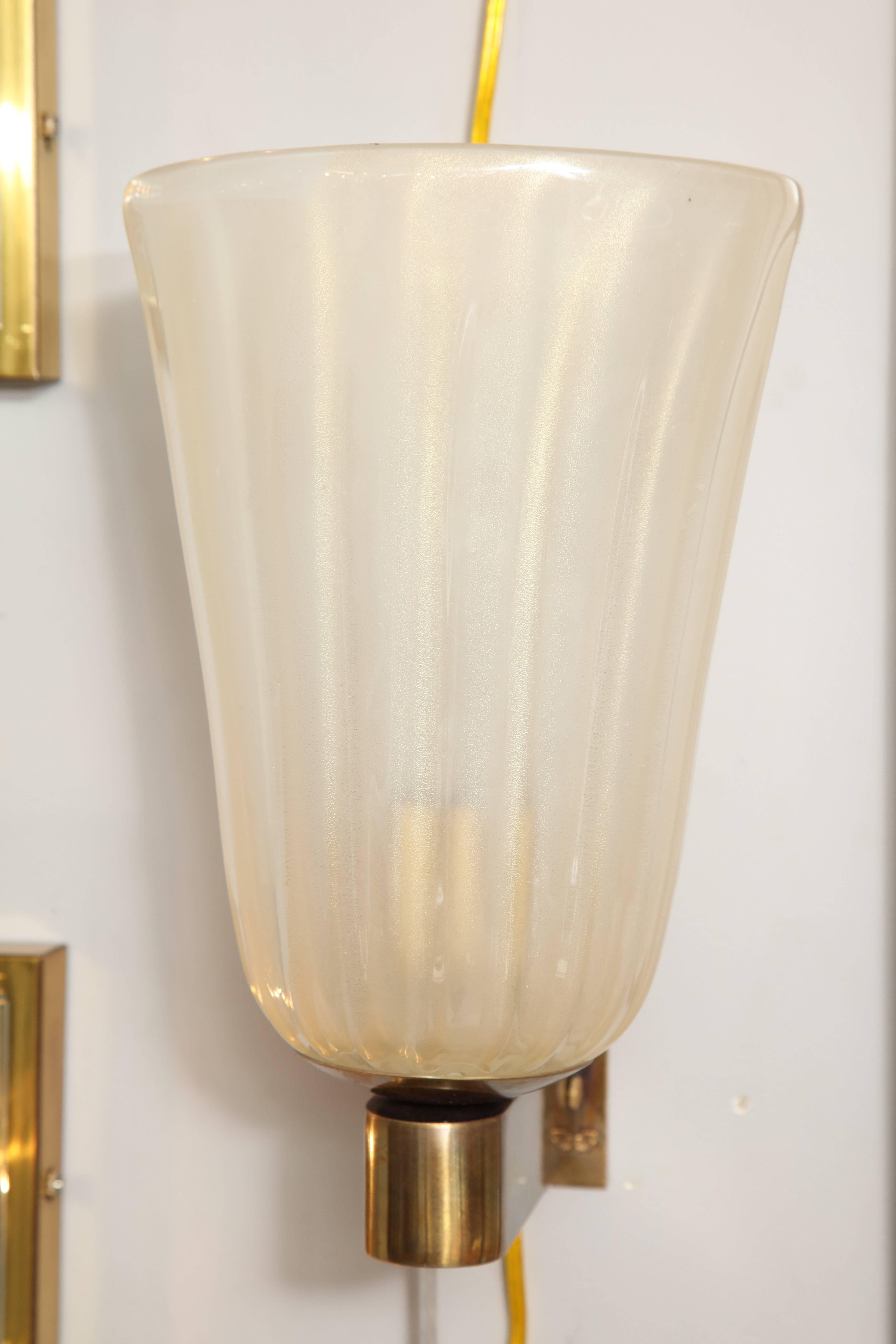 Italian Pair of Murano Glass and Brass Wall Sconces