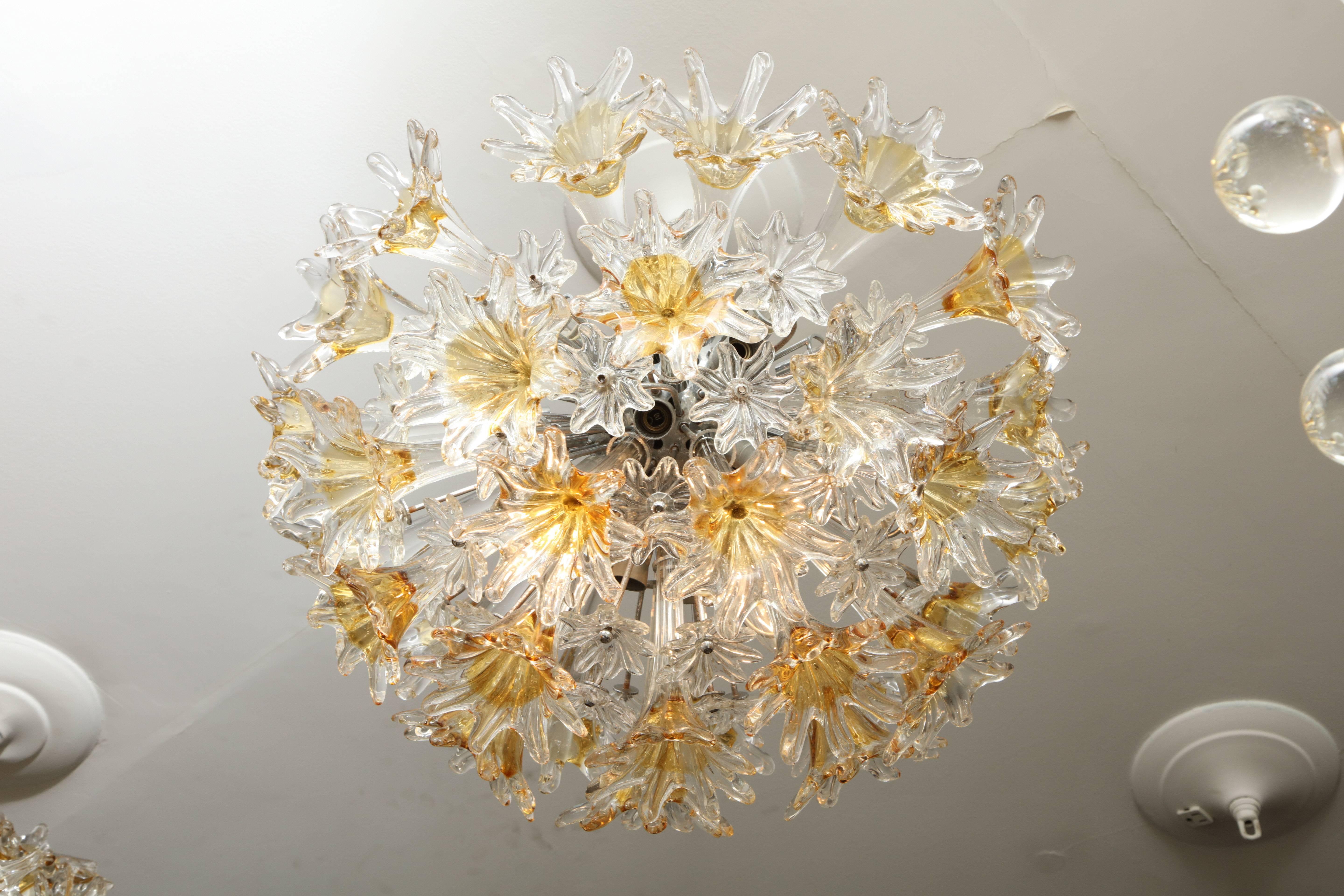 Vintage Venini Esprit Flush Mount. It is a one of kind flush mount fixture with floral shaped glass in clear and amber colors.