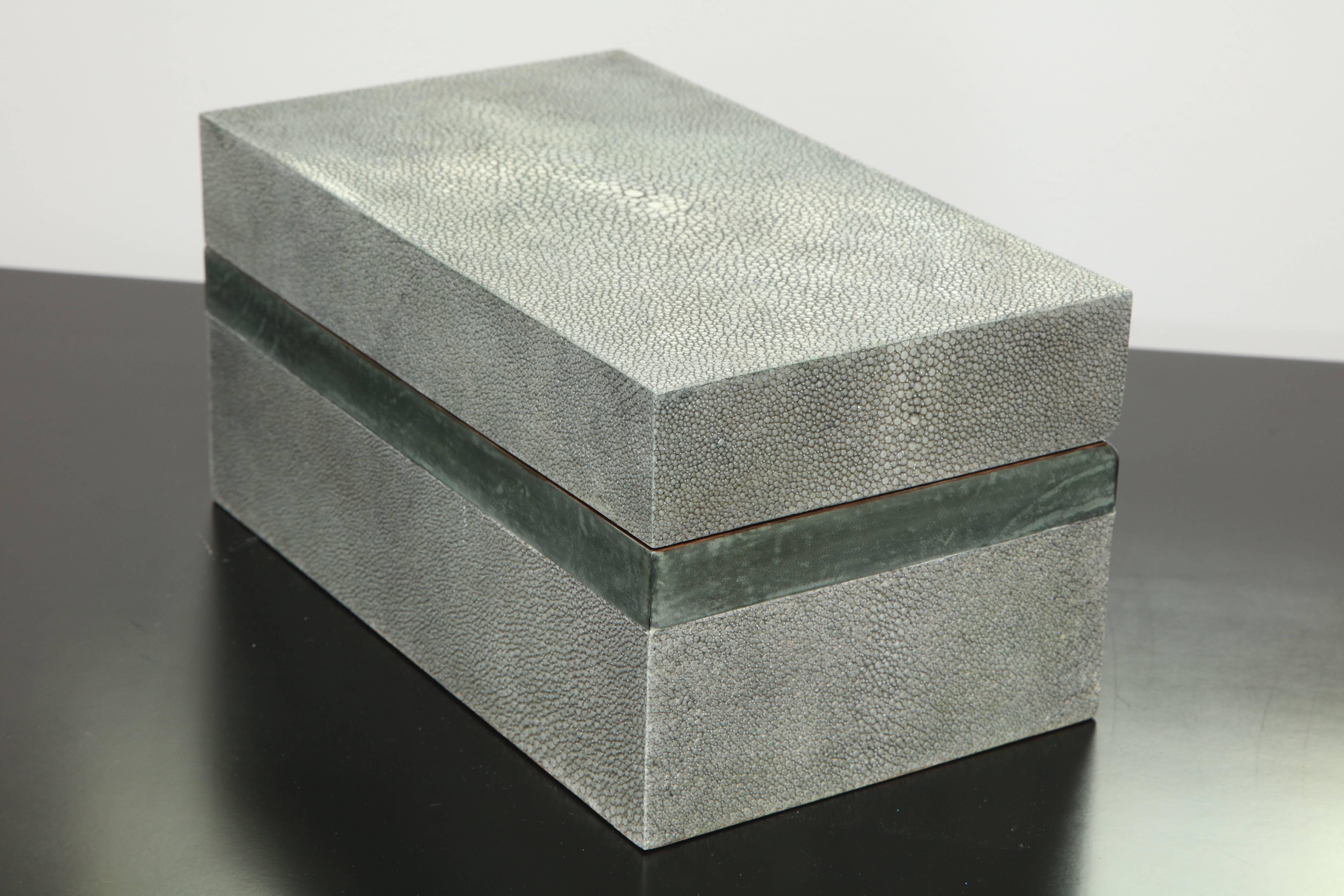 Custom genuine shagreen treasure box with parchment trim. in Gray. Customization is available in different sizes, and colors.