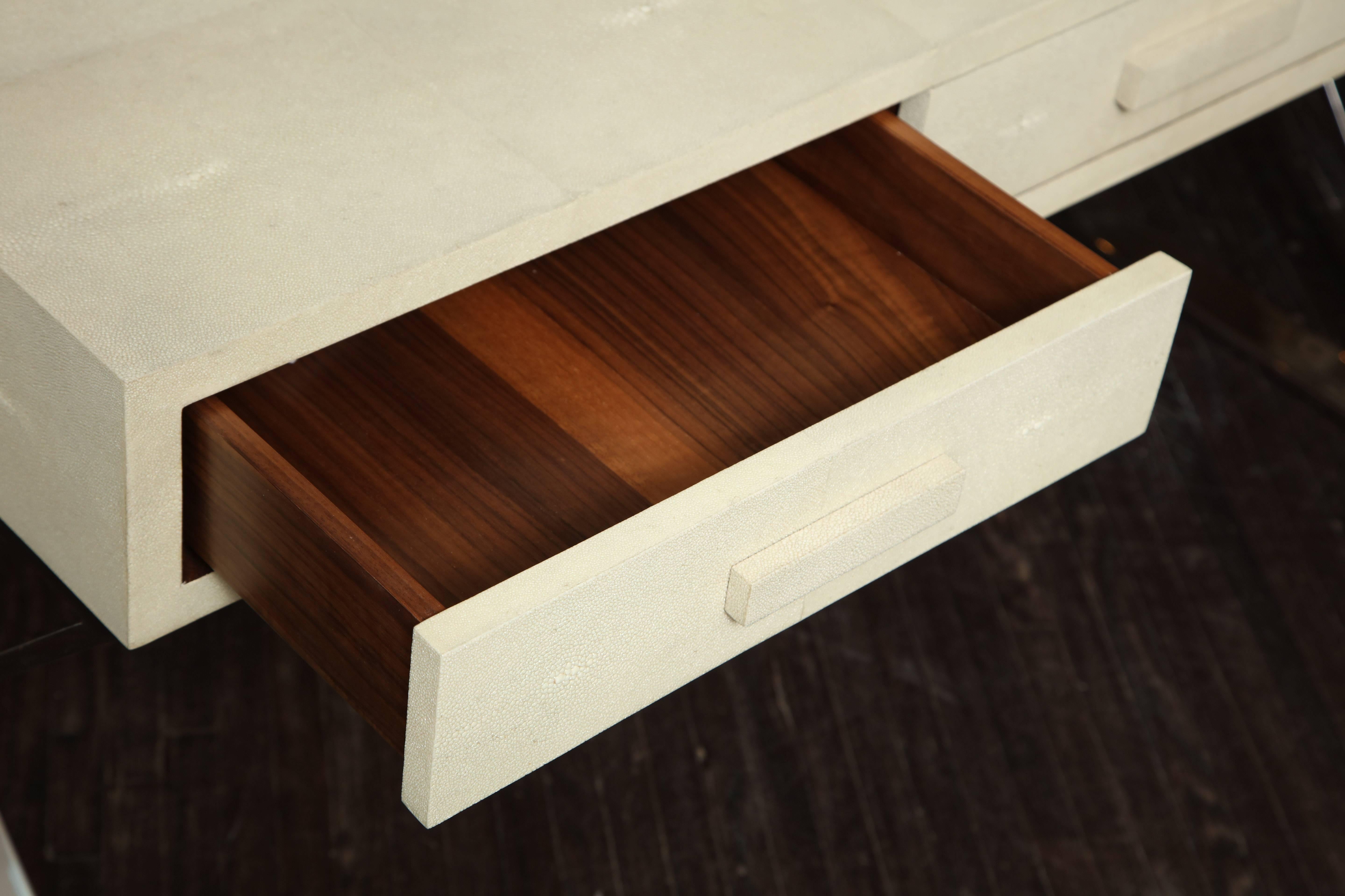 Modern Genuine Shagreen Desk with Polished Chrome X-Band Base For Sale